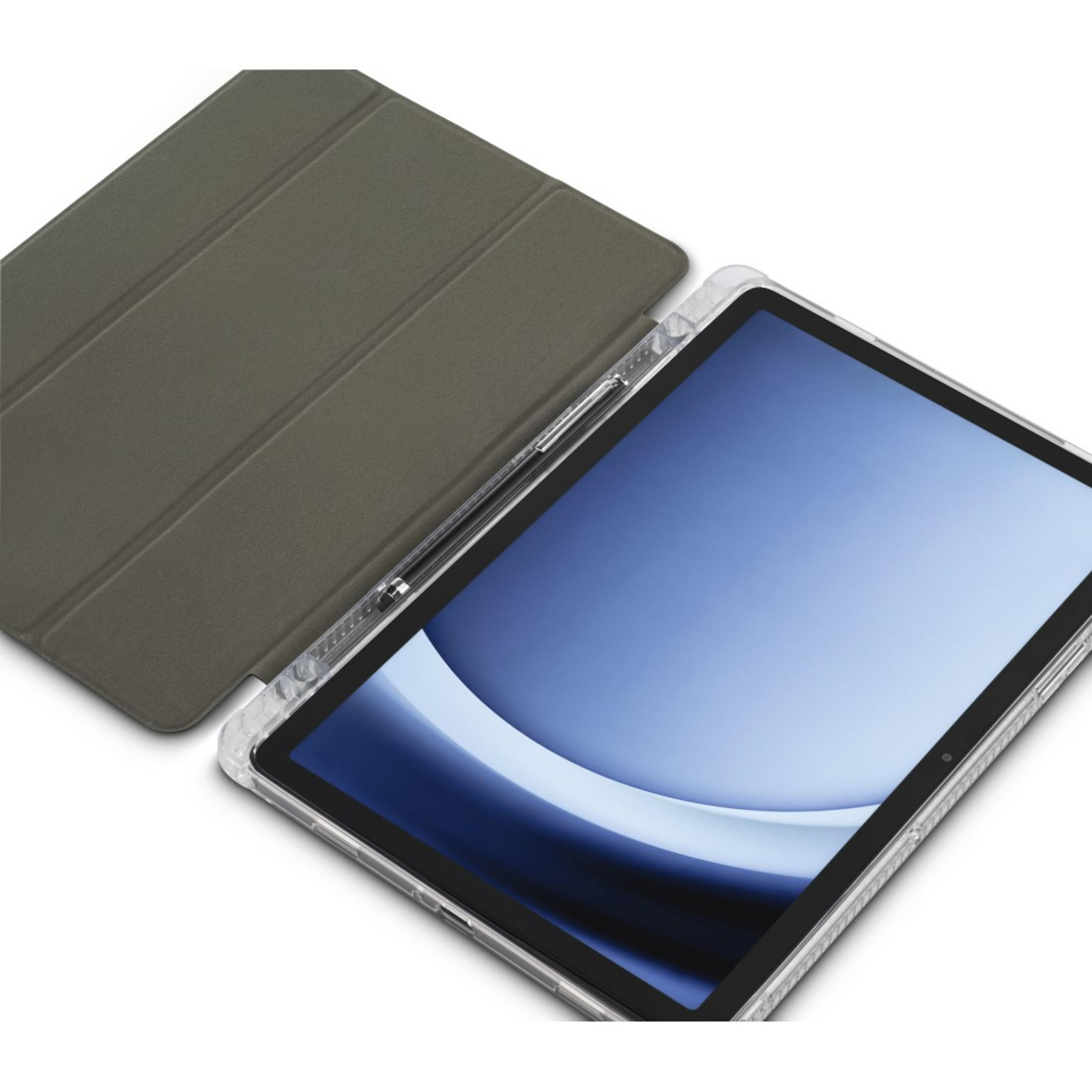 Tablet z szarą okładką i rysikiem.