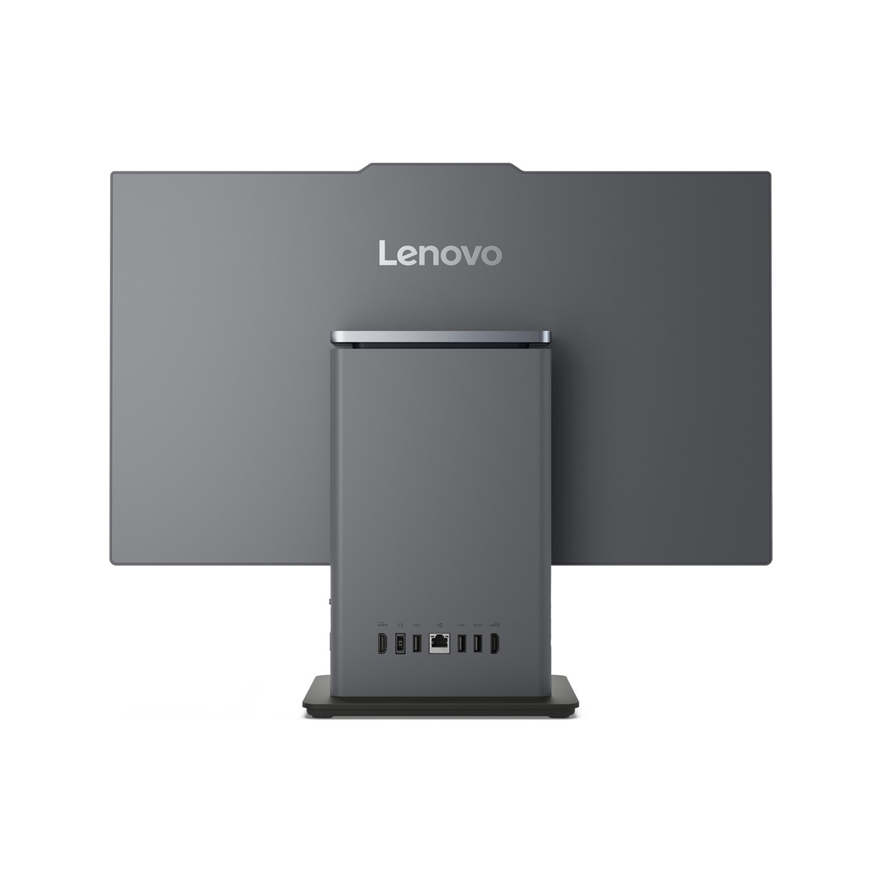 Gri Lenovo hepsi bir arada bilgisayarın arkası, bağlantı noktaları mevcut.