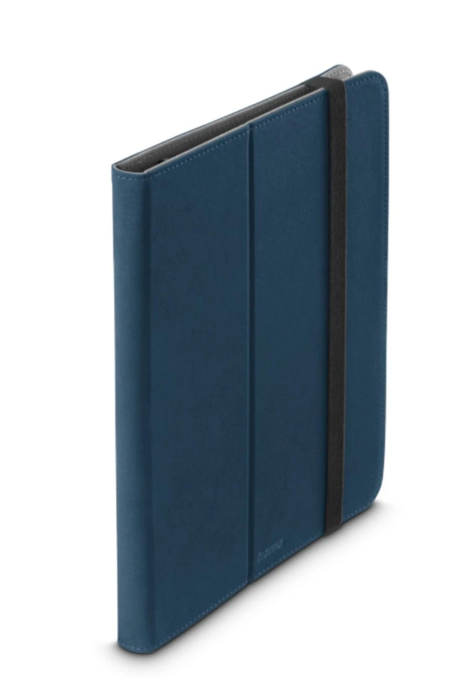 Dunkelblaue Tablet-Hülle mit schwarzem Gummiband.