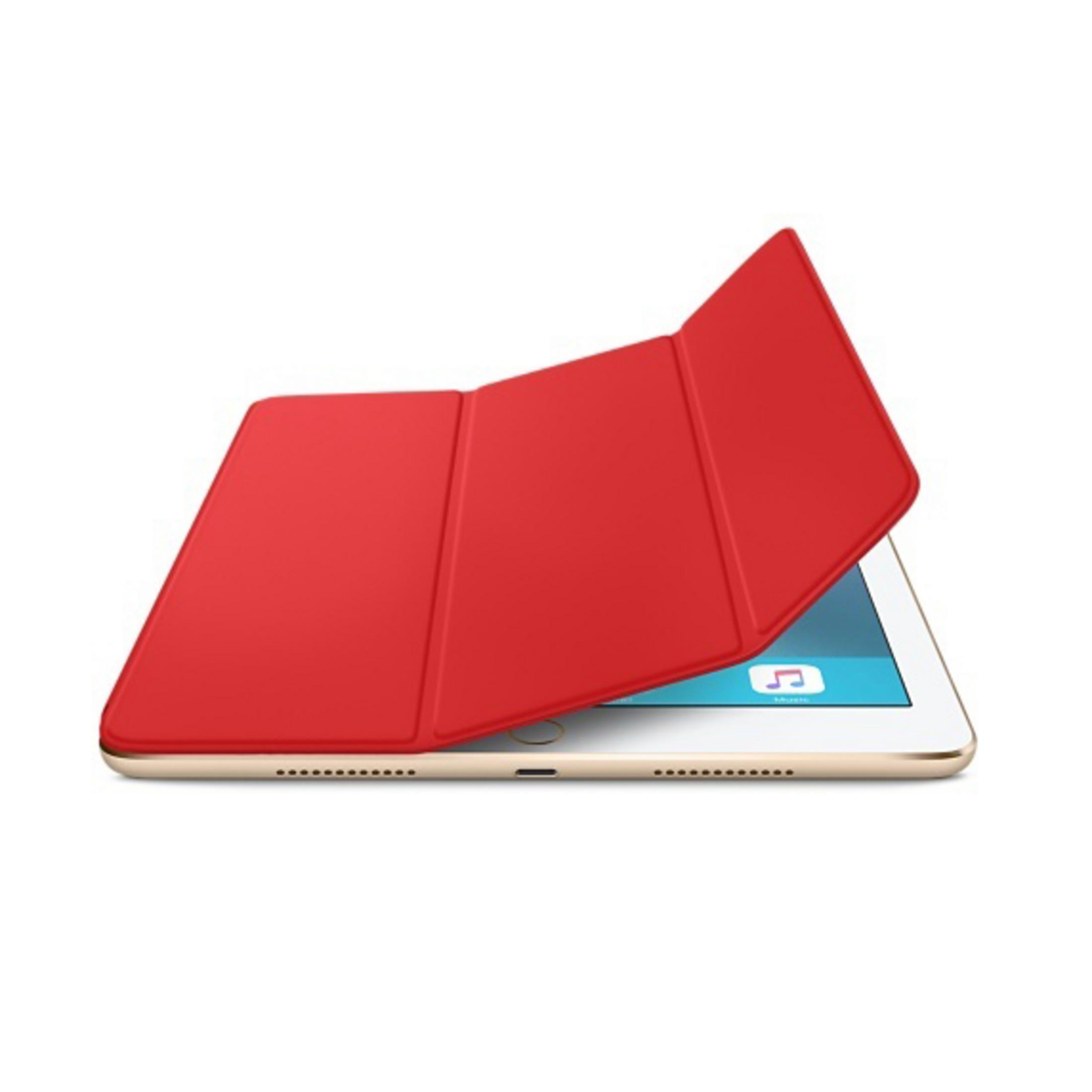 Ein rotes Tablet Cover ist auf einem Tablet geöffnet. Musik-App Icon sichtbar.