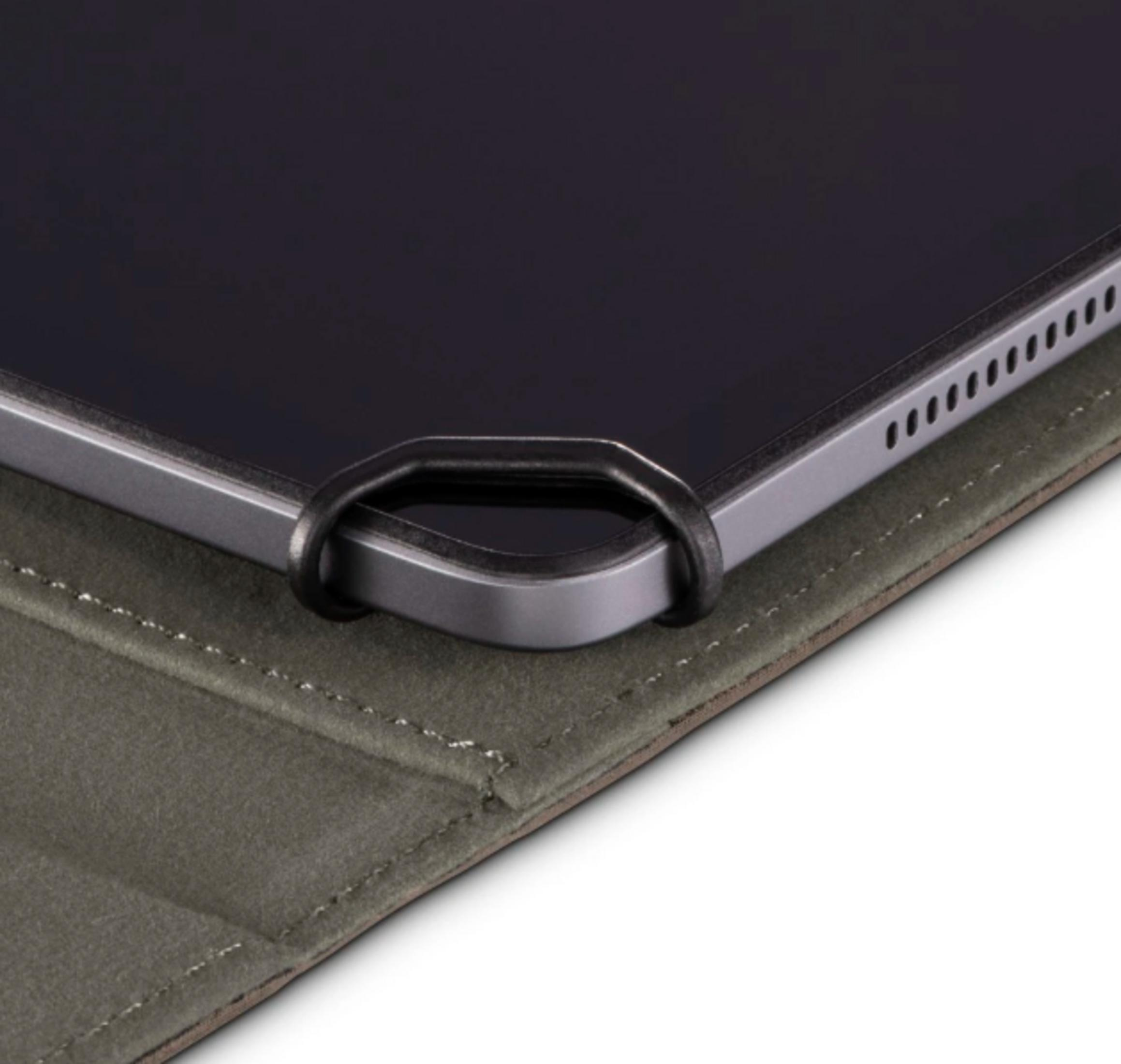 Dunkelgraues Tablet mit schwarzem Ringhalter in einem passenden Etui.