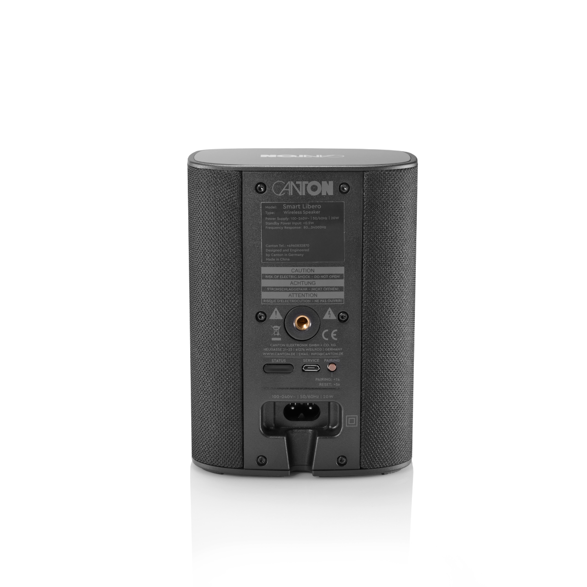 Rückseite eines schwarzen Canton Smart Libero Lautsprechers mit Anschlüssen.