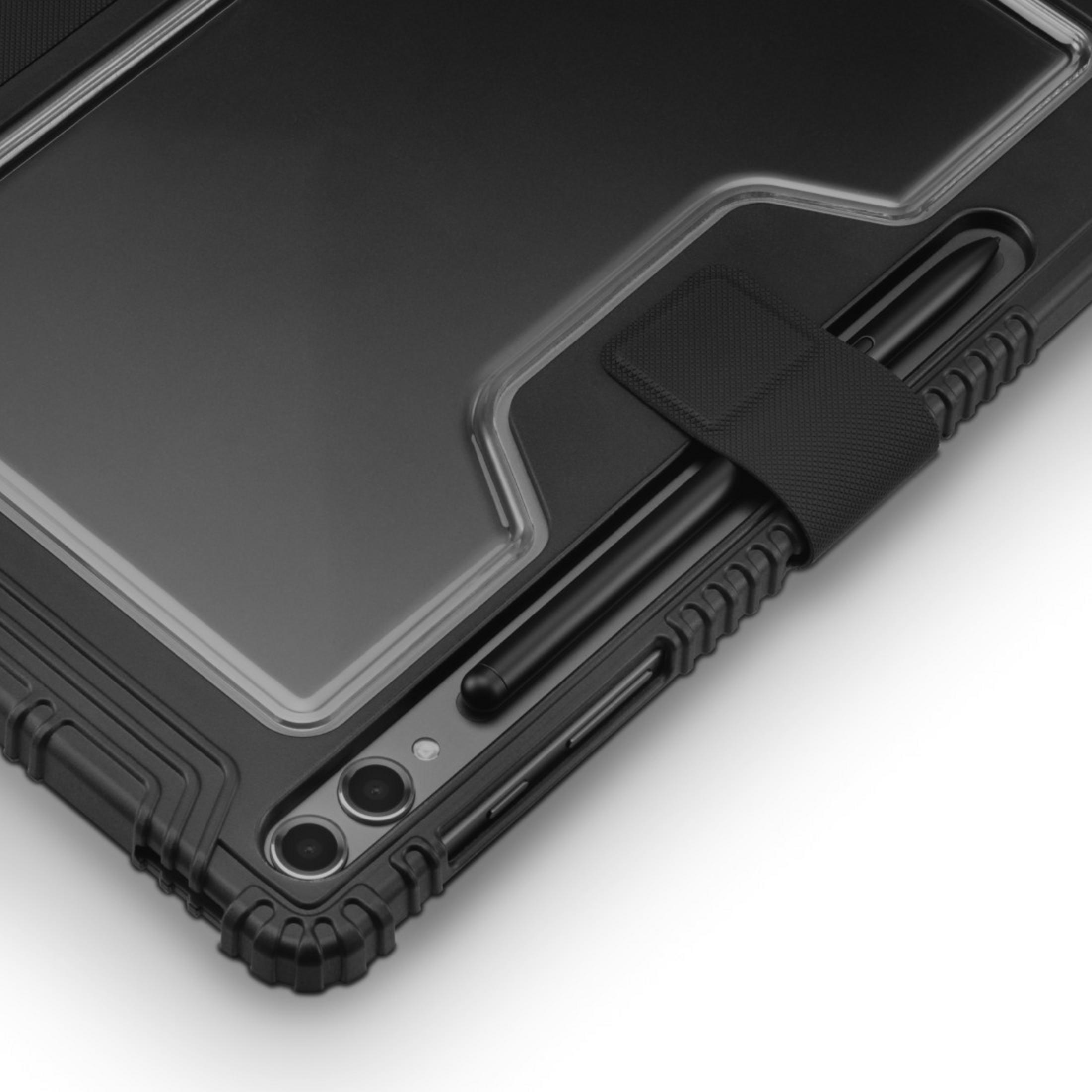 Schwarzes Tablet-Case mit Stifthalter und Kameras. Robuster Rand.