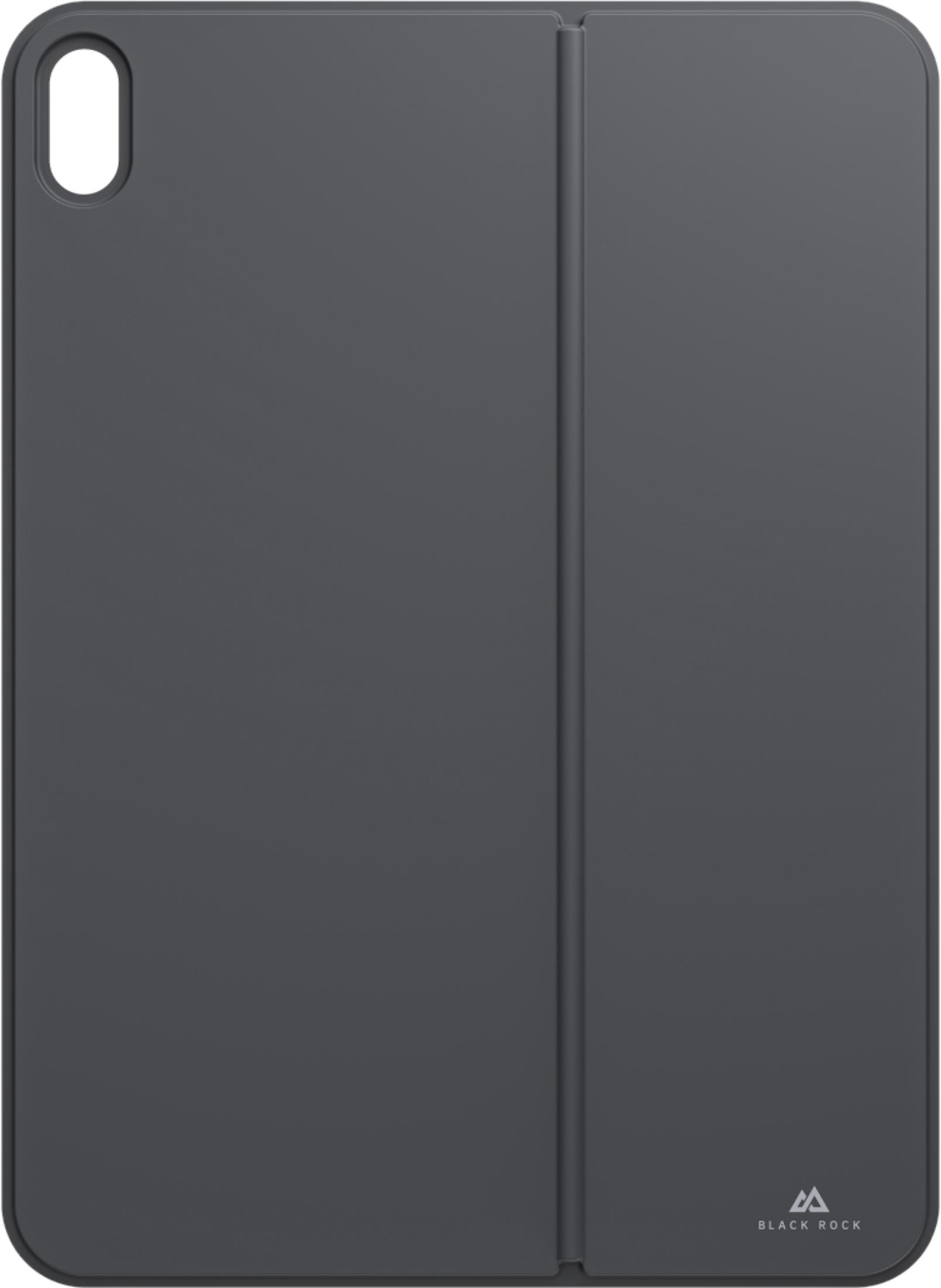 Dunkelgraues Tablet-Cover mit einer Aussparung oben links und dem Logo unten rechts.