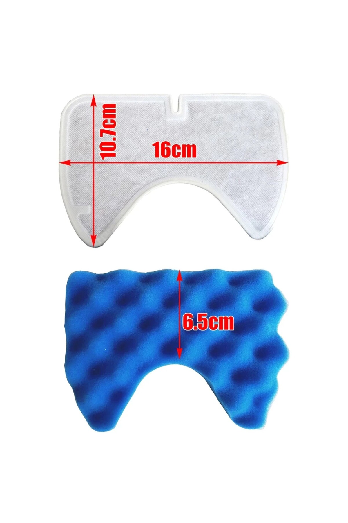 İki filtre: beyaz üst (16x10,7cm), mavi alt (6,5cm) girintili.