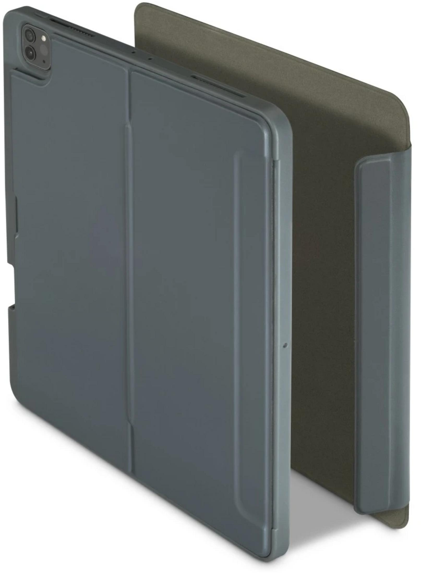 Graue Tabletthülle mit zwei Fächern, eine offen, die andere geschlossen.