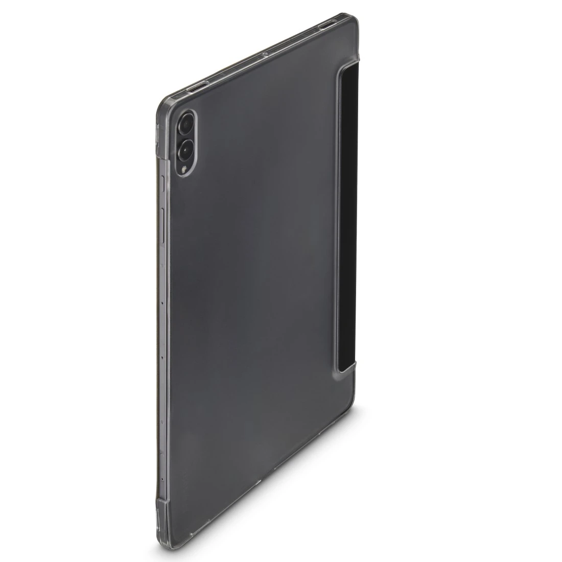 Ciemne etui na tablet z modułem aparatu z tyłu.