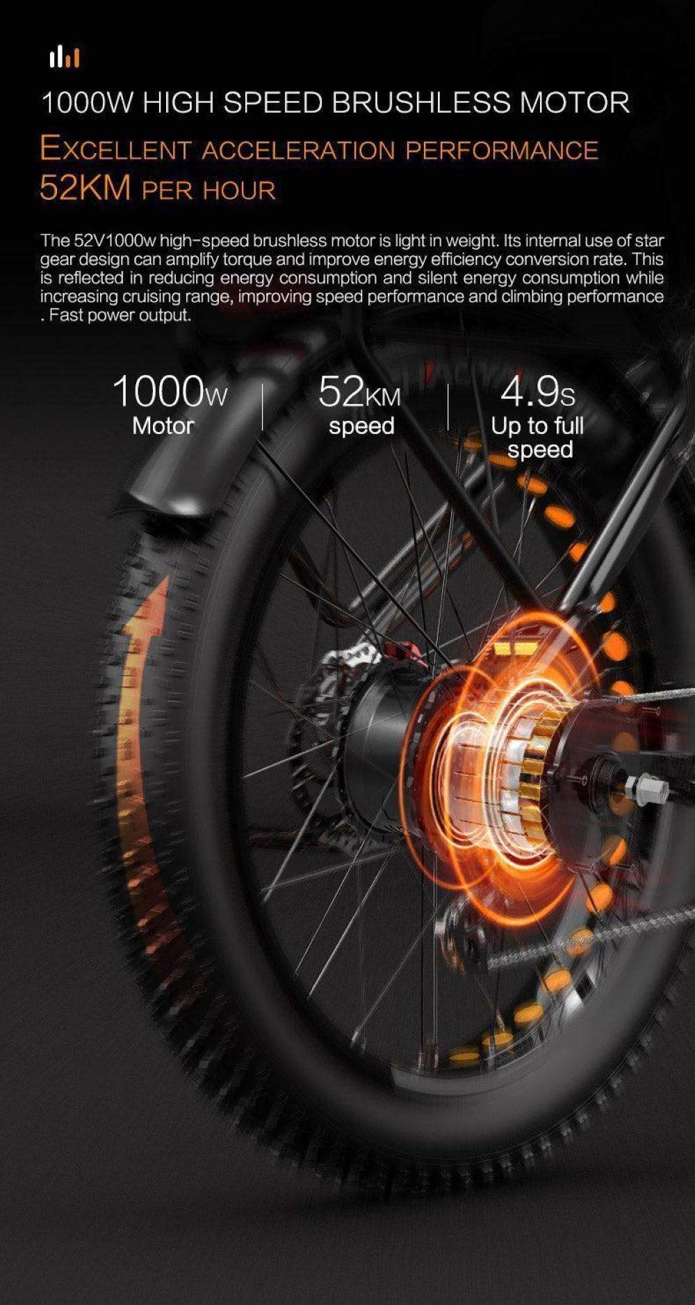 Primo piano di un motore per bicicletta con testo che ne dettaglia potenza e velocità.