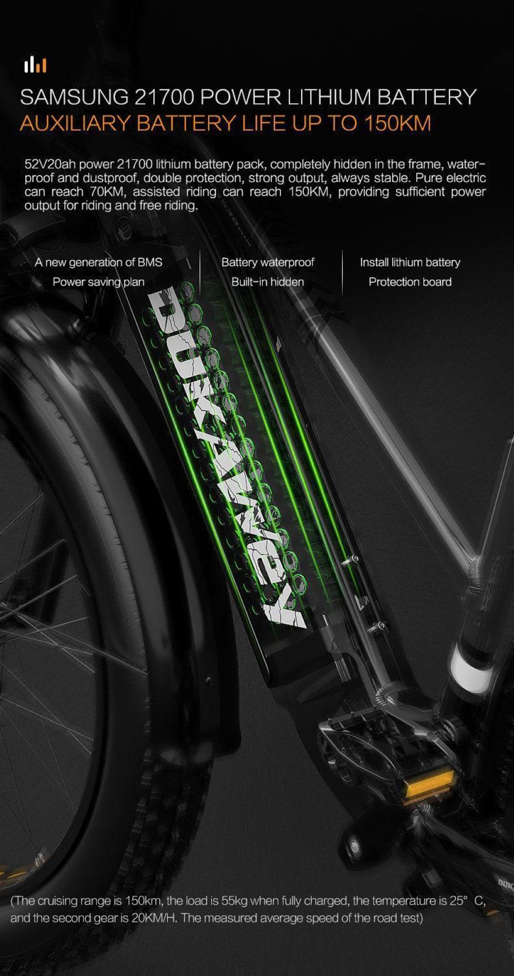 E-bike con batteria Samsung 21700, autonomia fino a 150 km, impermeabile.