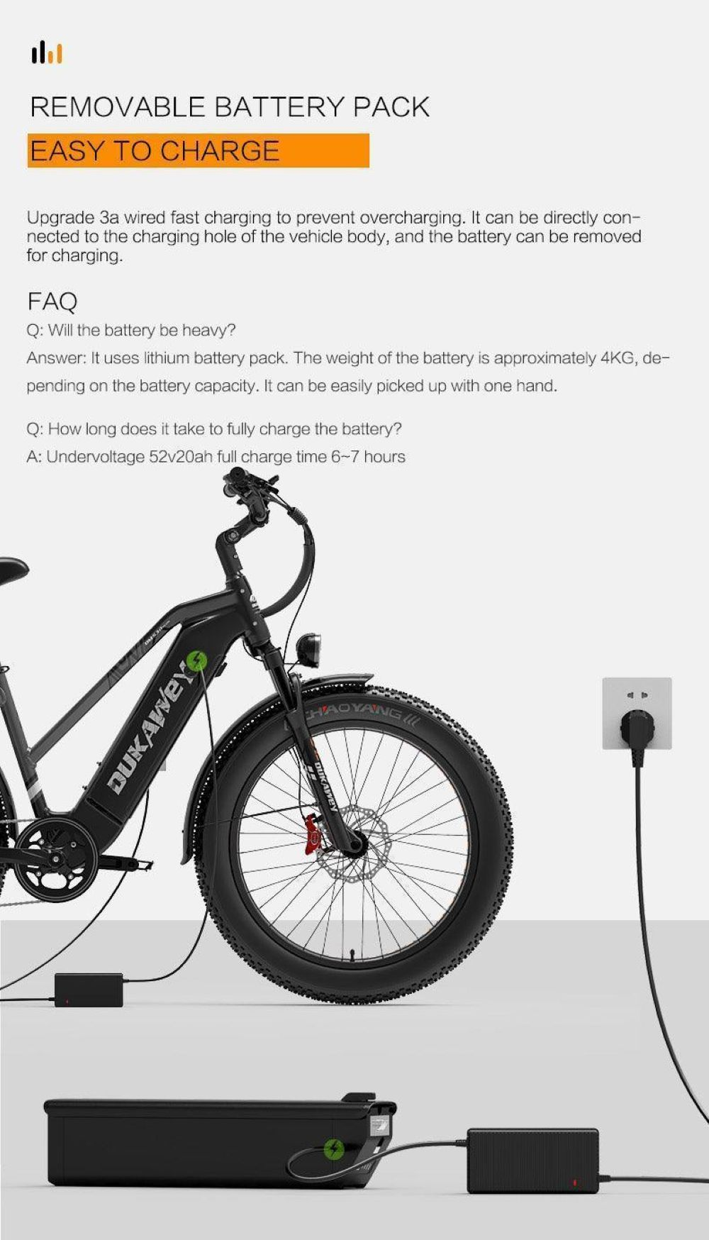Bicicletta elettrica nera con batteria rimovibile, caricabatterie e spina.