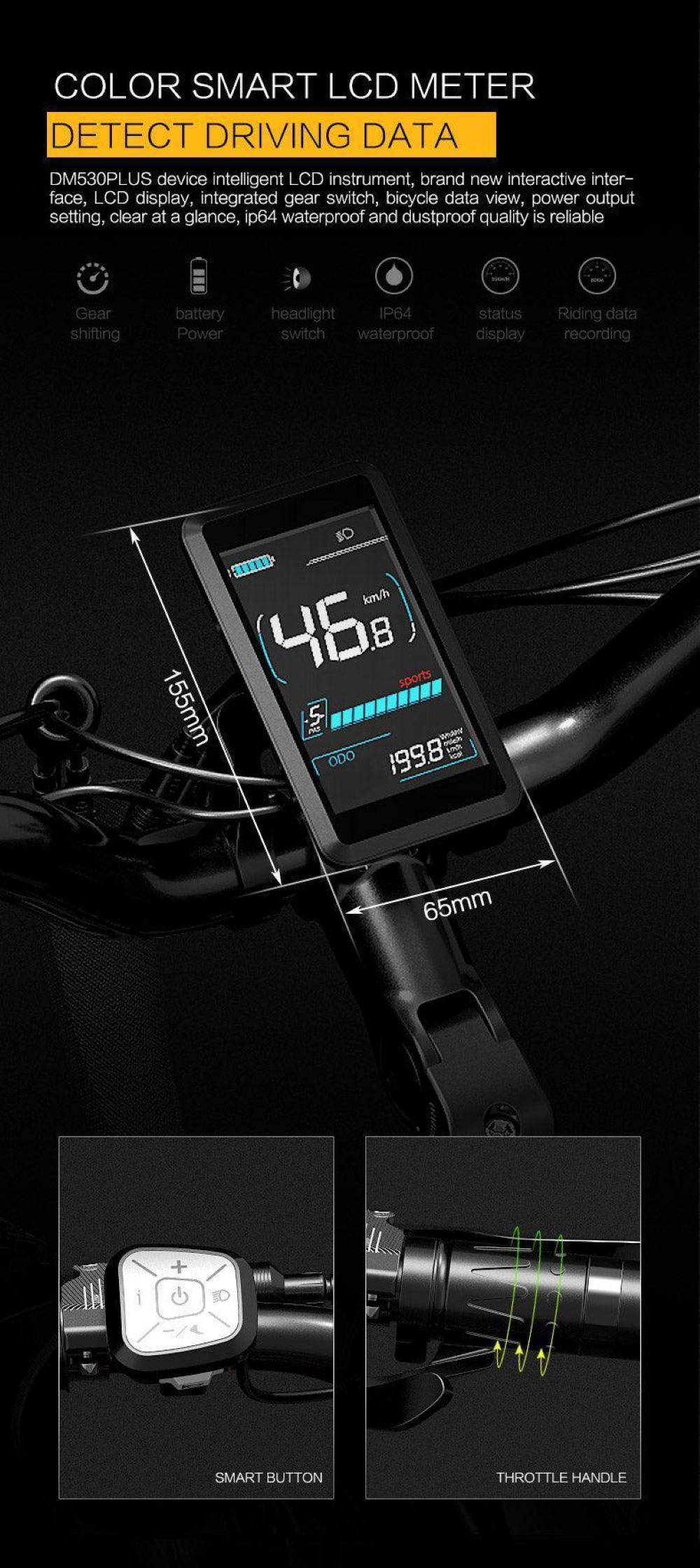 Un computer LCD intelligente per bicicletta che mostra velocità, batteria e dati. Dimensioni 155x65mm.