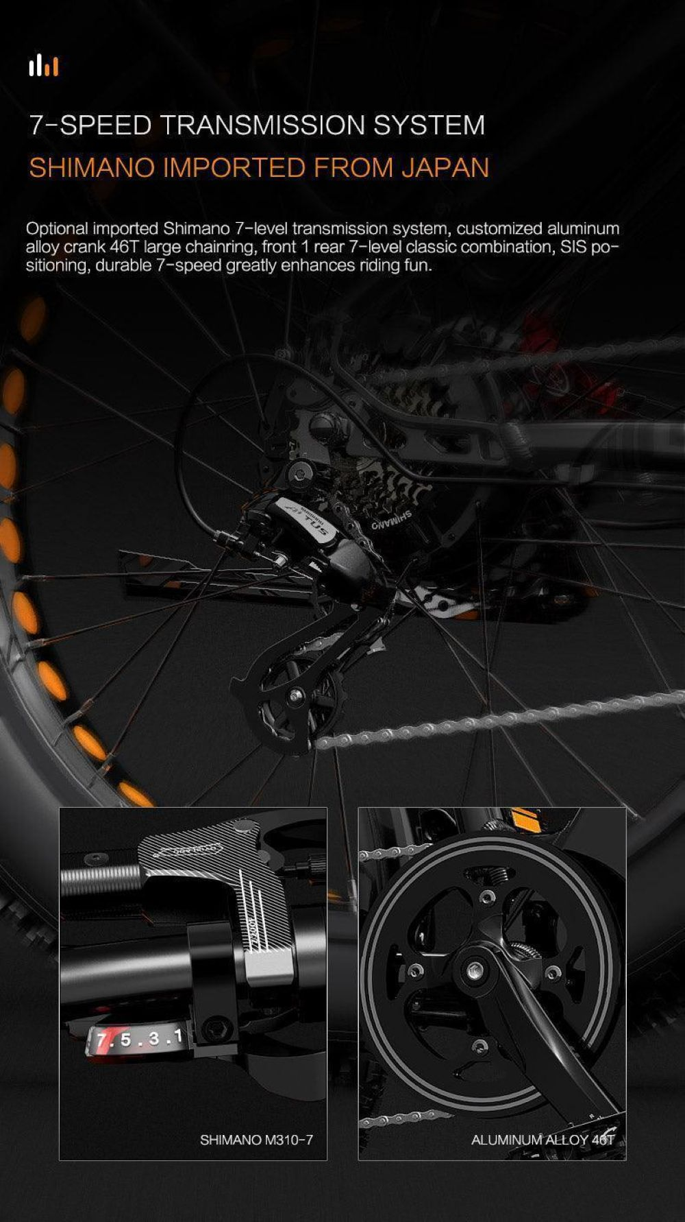 Deragliatore bici 7 velocità e guarnitura in lega di alluminio.