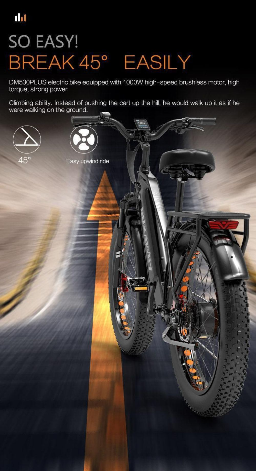 Bici elettrica nera su strada con striscia gialla, che supera una pendenza di 45 gradi.