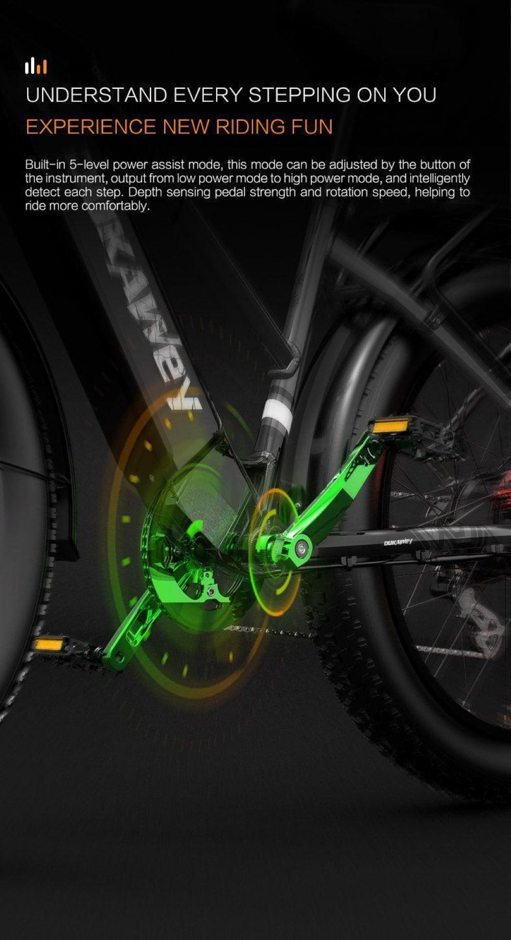 Primo piano della guarnitura di una e-bike con accenti e luci verdi.