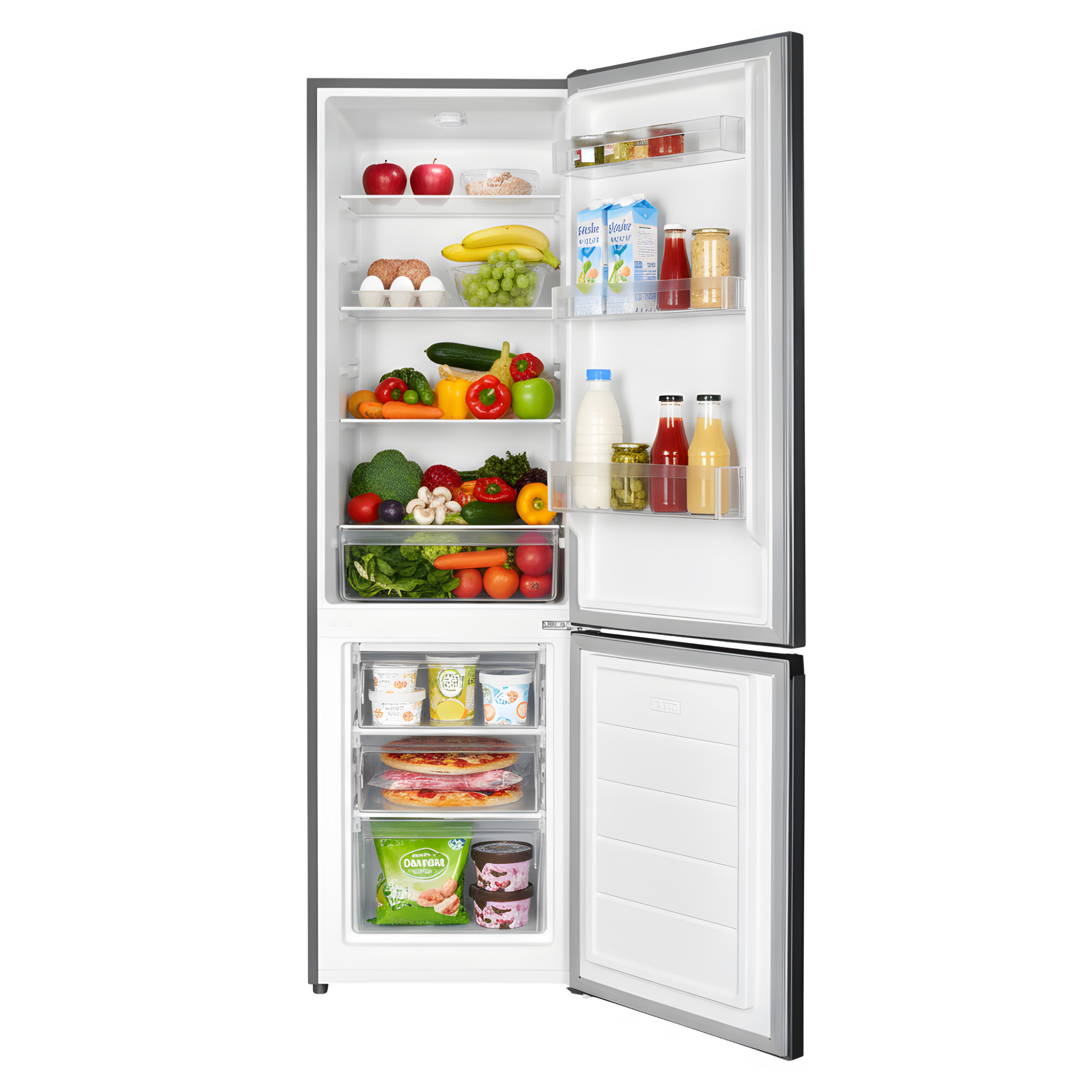 Open koelkast gevuld met voedsel: fruit, groenten, eieren, melk, sap en diepvriespizza.