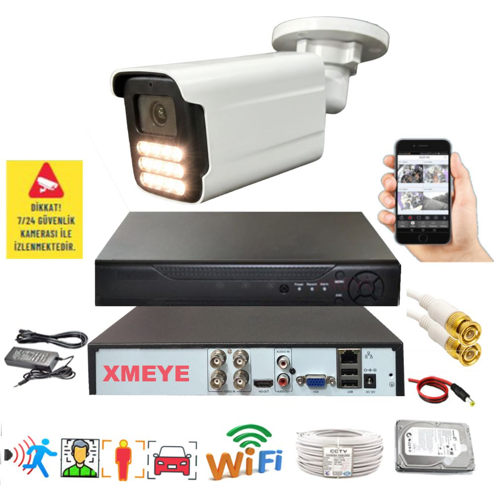 BISES 1'li Araç İnsan Yüz Tanımalı Hareket Algılayan 5 MP Lens 15 Warm Led Gece Renkli 5915W Güvenlik Kamerası Seti Silver