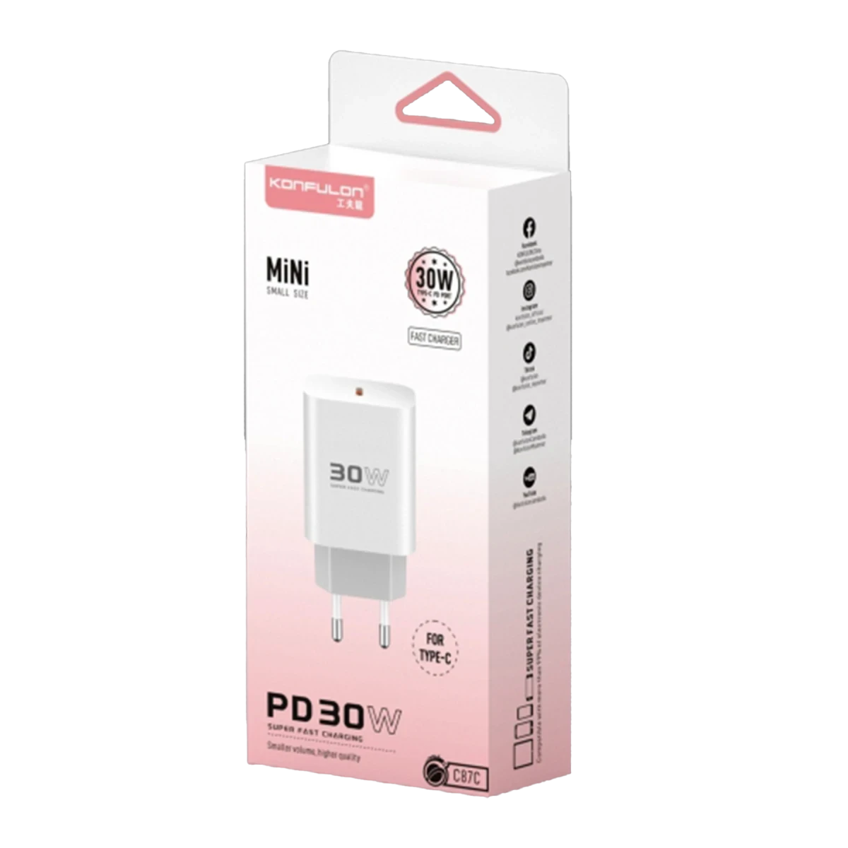 Type-C cihazlar için beyaz 30W PD hızlı şarj cihazı kutusu.