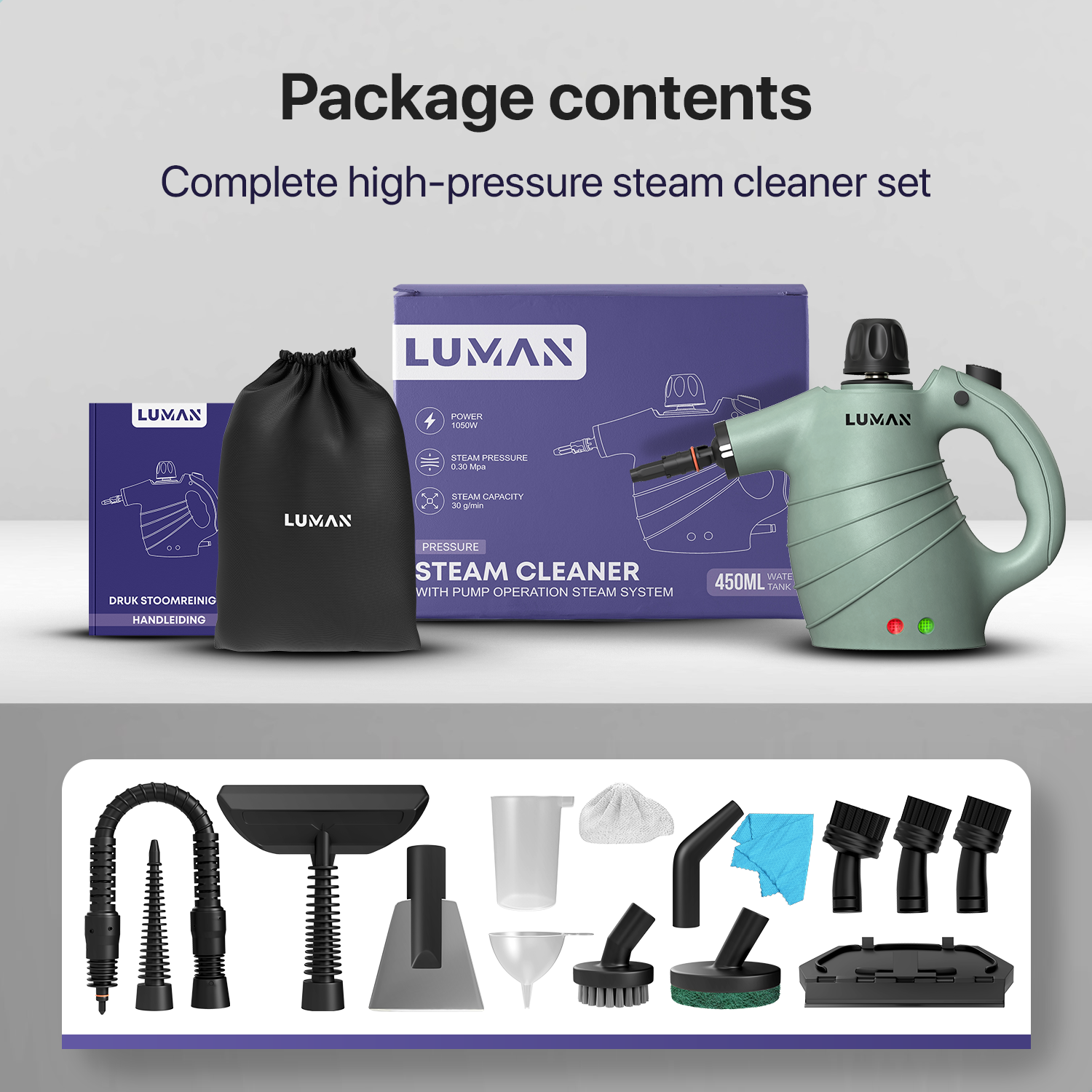 Una limpiadora a vapor verde con accesorios, incluyendo mangueras, cepillos y paños.