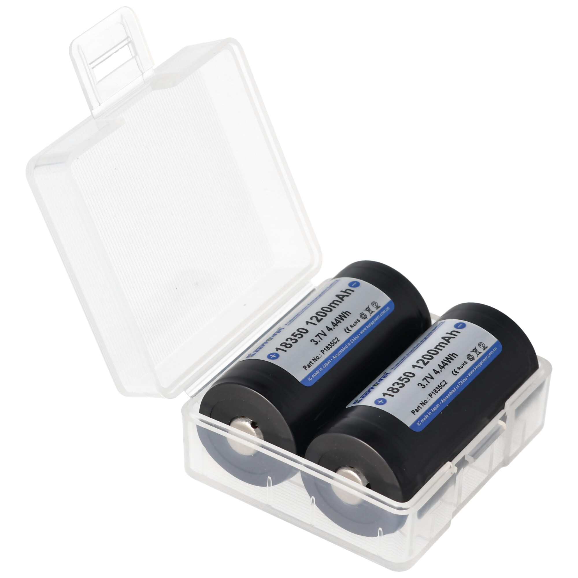 Zwei schwarze 18350 1200mAh-Akkus in einem durchsichtigen Plastikgehäuse.