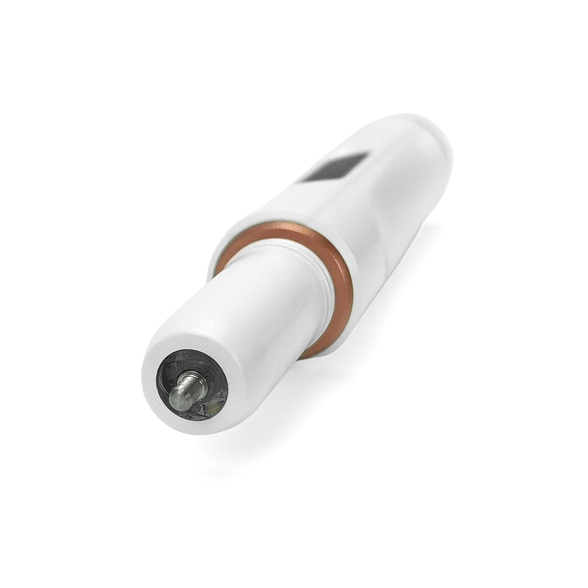 Ein weißer elektrischer Spitzenapplikator mit einem Kupferband und einem schwarzen Rechteck.