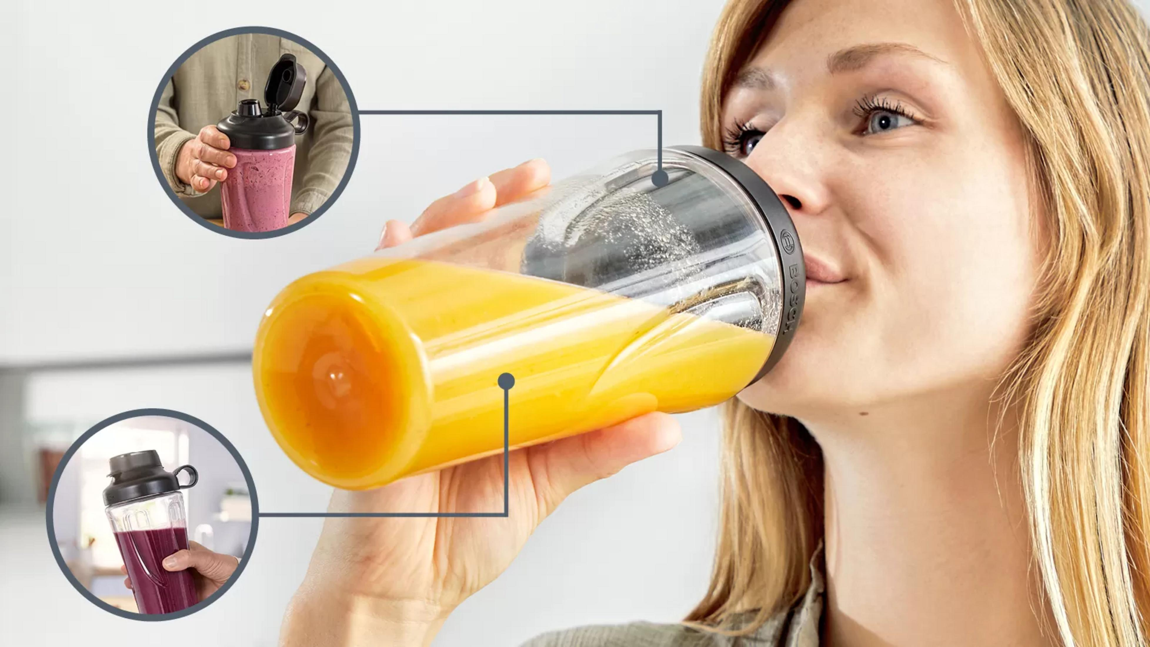 Frau trinkt aus einem Becher mit Orangengetränk. Kleine Bilder zeigen Becher mit Beeren-Smoothies.