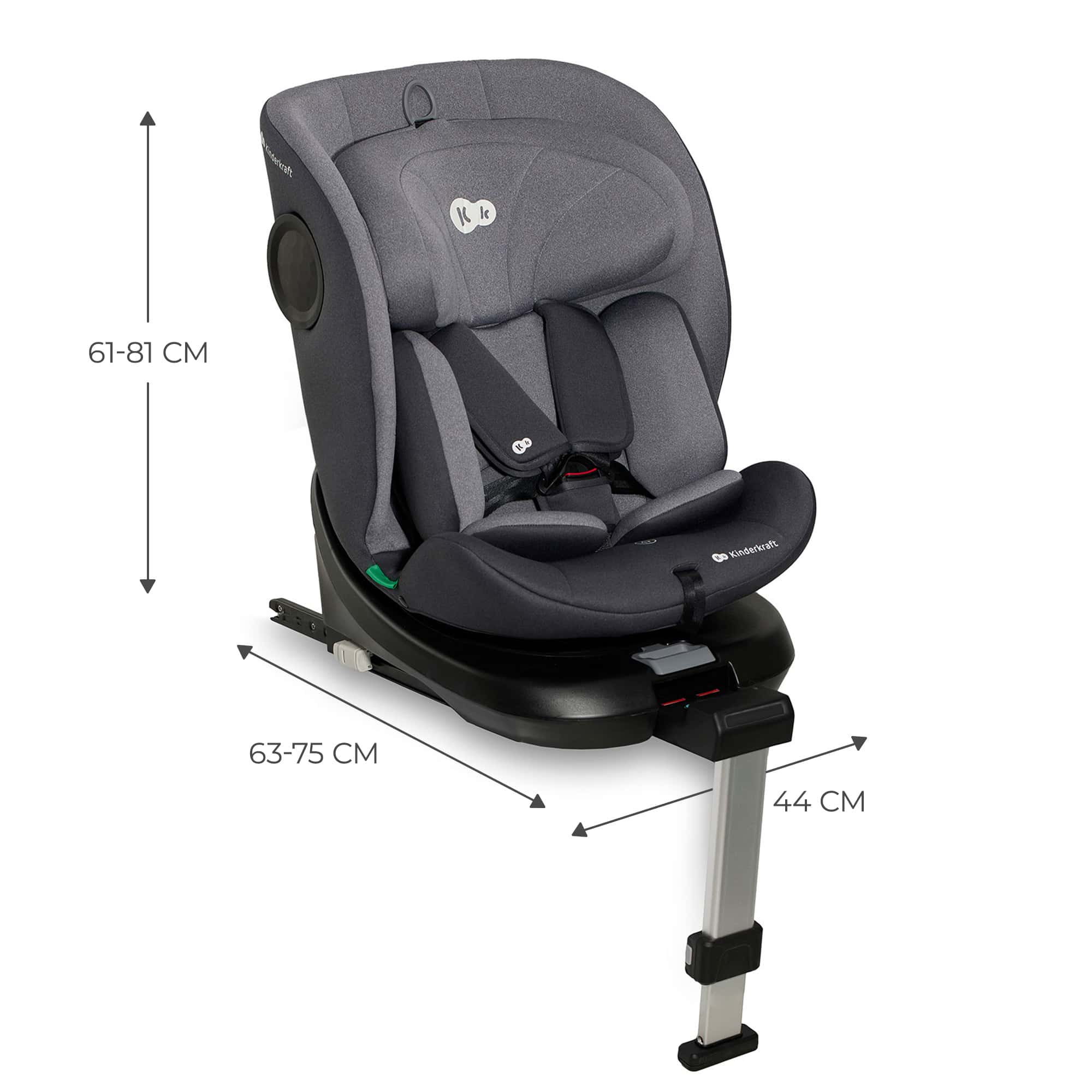 Grauer Kindersitz mit 5-Punkt-Gurt und verstellbarer Kopfstütze.