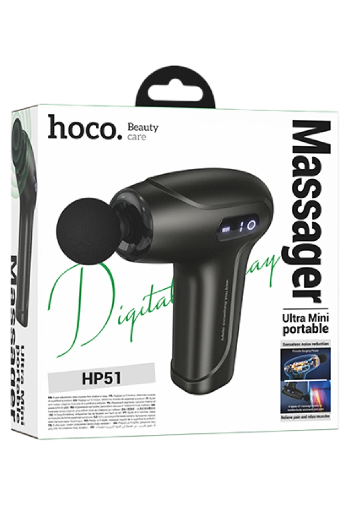 Massaggiatore Hoco nero HP51 con accessorio su confezione bianca.