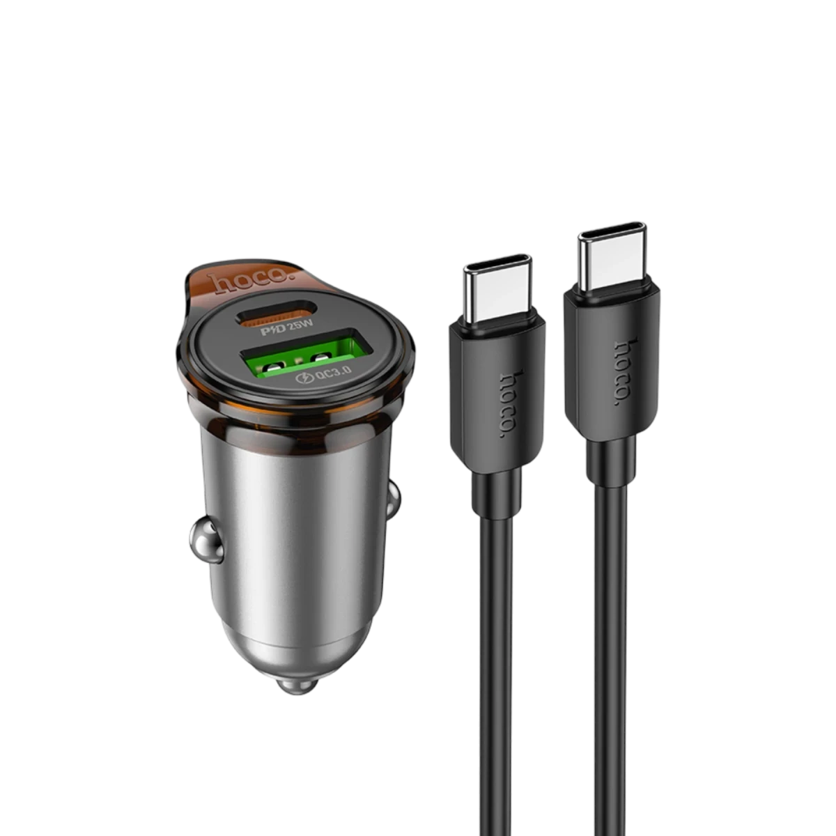 HOCO NZ16A Rigorous 43W Type-C ve USB-A Çıkışlı Ekstra Type-C to Type-C Kablolu PD Araç Şarj Cihazı Gri