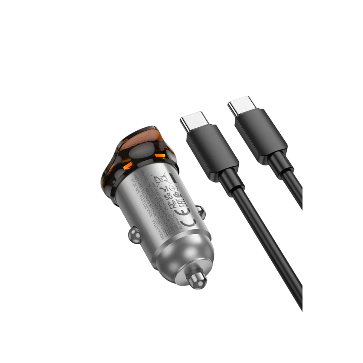 Siyah arka planda iki siyah USB-C kablosu olan gümüş renkli araç şarj cihazı.