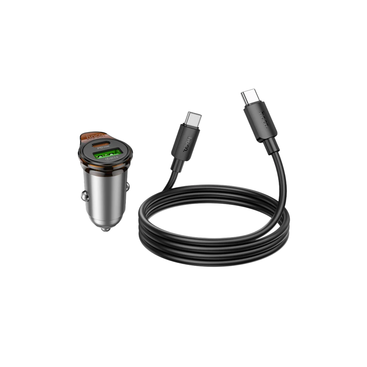 HOCO NZ16A Rigorous 43W Type-C ve USB-A Çıkışlı Ekstra Type-C to Type-C Kablolu PD Araç Şarj Cihazı Gri