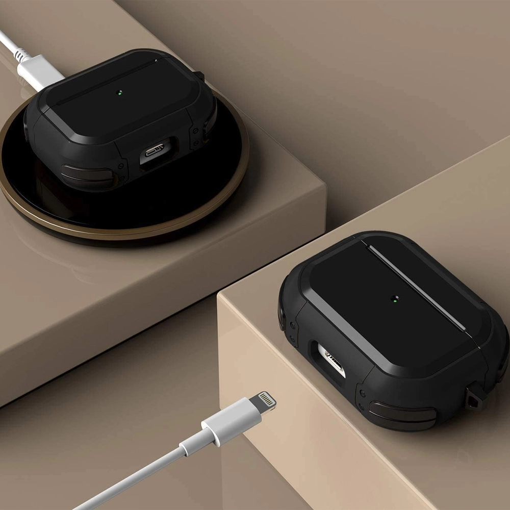 Siyah AirPods Pro kılıfı kablosuz ve kabloyla şarj oluyor.