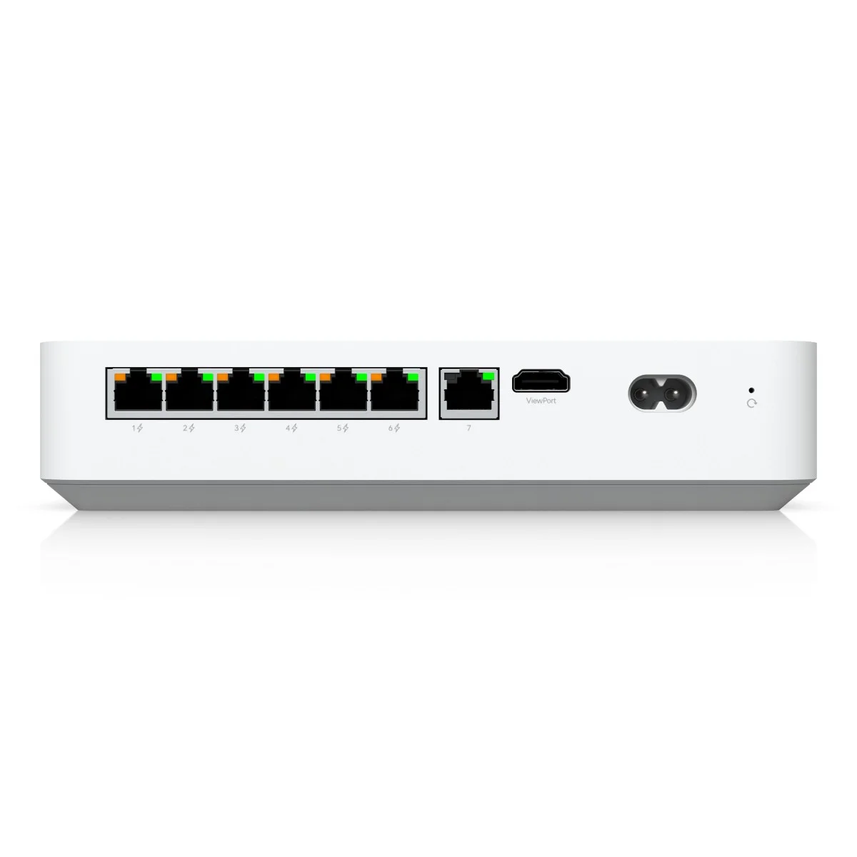 Biały router z 7 portami Ethernet, portem ViewPort i złączem zasilania.