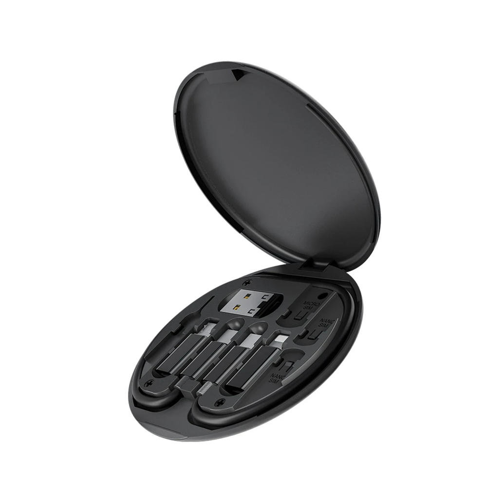 SIM kart araçları ve USB adaptörlü siyah kılıf.