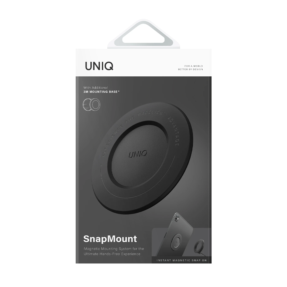 Siyah UNIQ SnapMount manyetik montaj sisteminin ambalajı.
