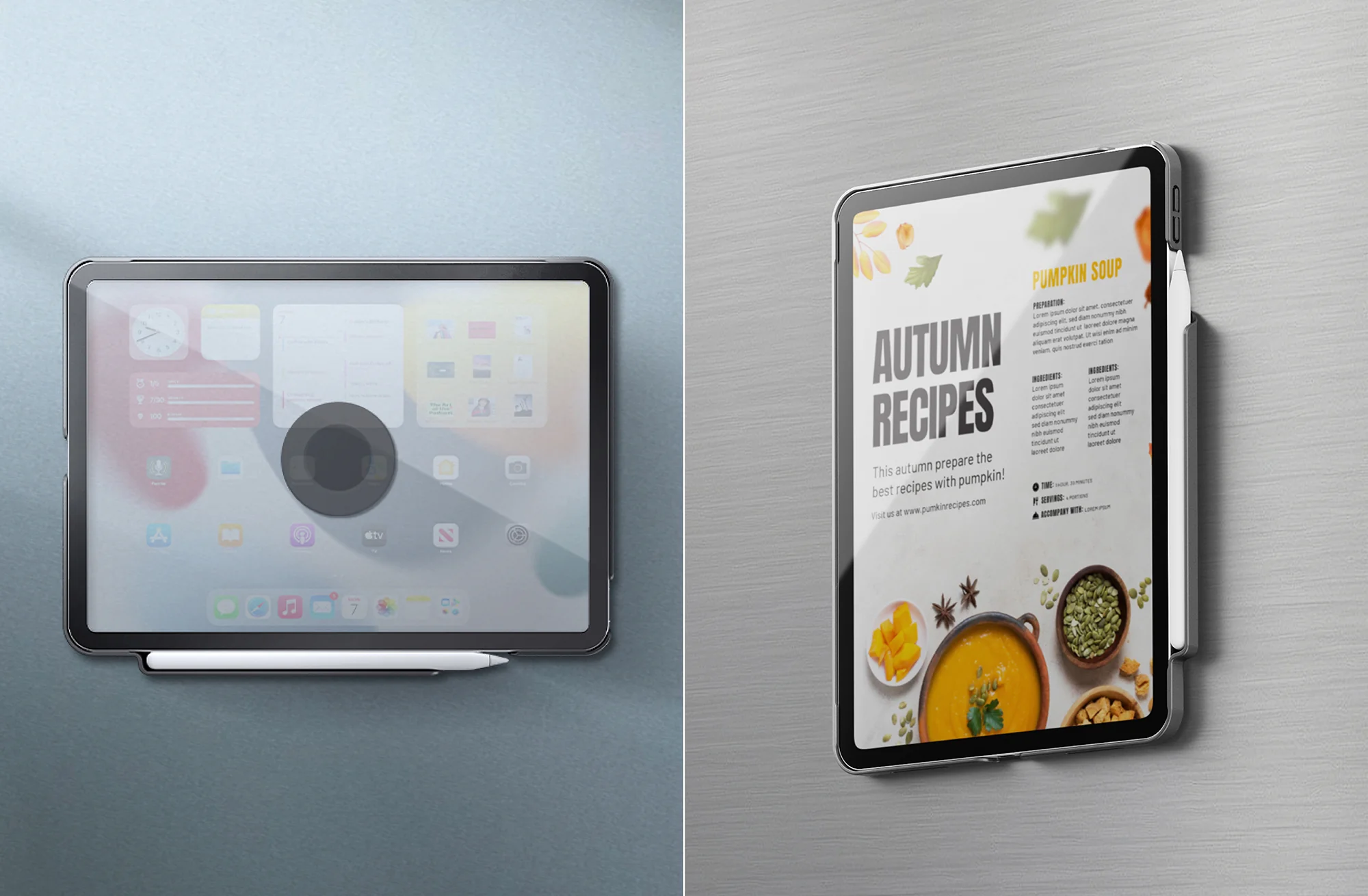 İki tablet uygulama ve balkabağı çorbası tarifi gösteriyor.
