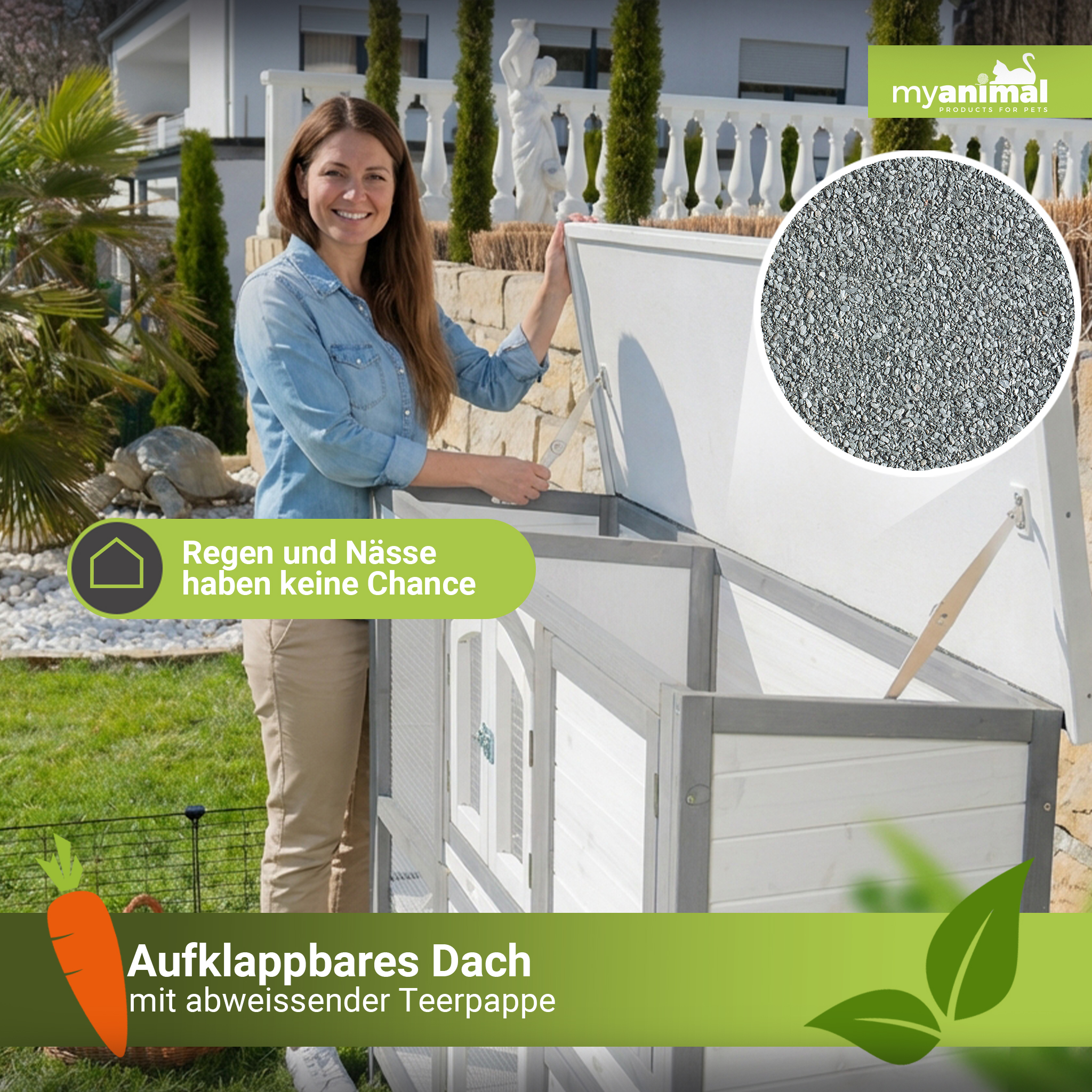Frau öffnet ein weißes Kleintiergehege mit aufklappbarem Dach.