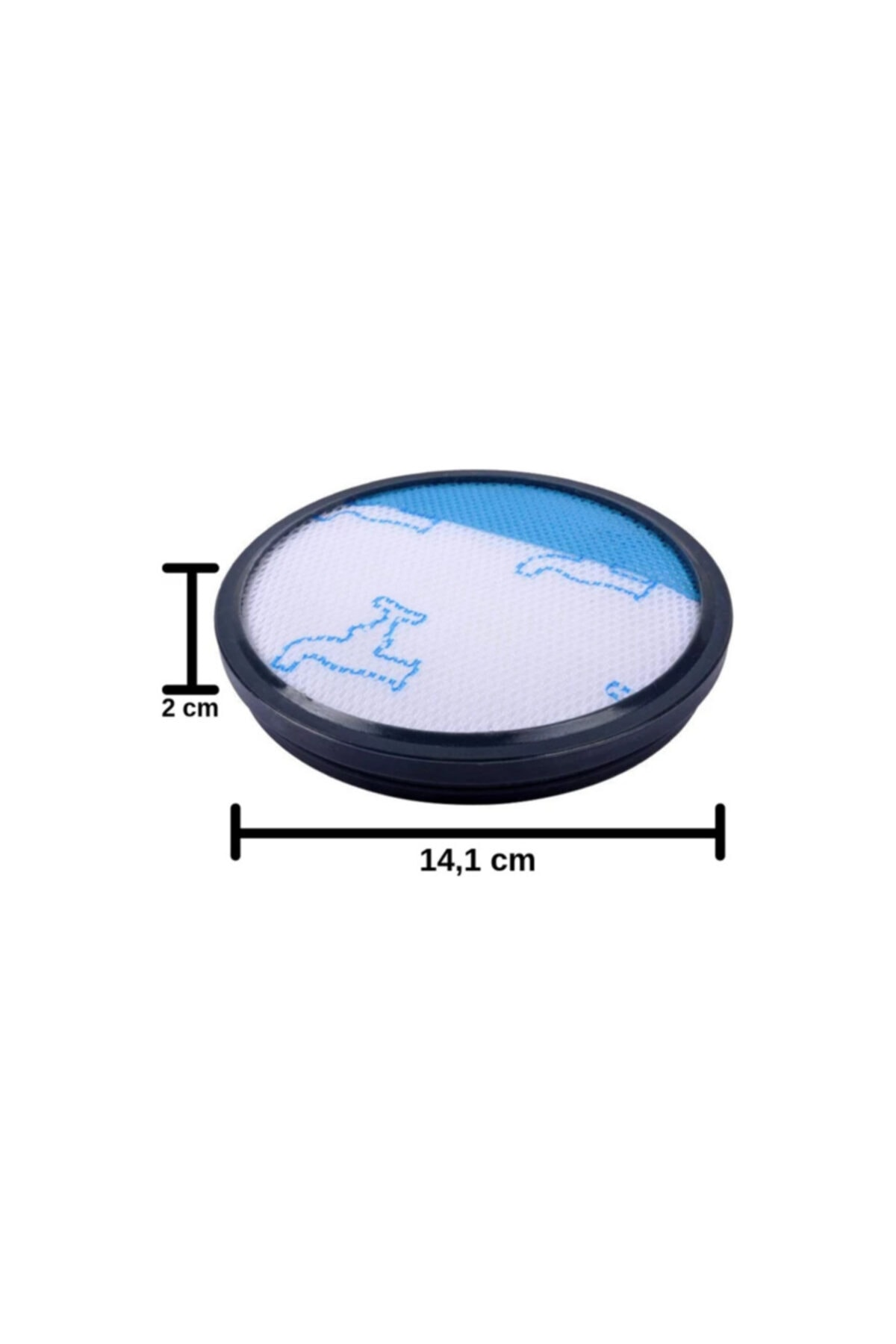 Mavi desenli yuvarlak beyaz filtre, 2 cm yüksek, 14,1 cm geniş.
