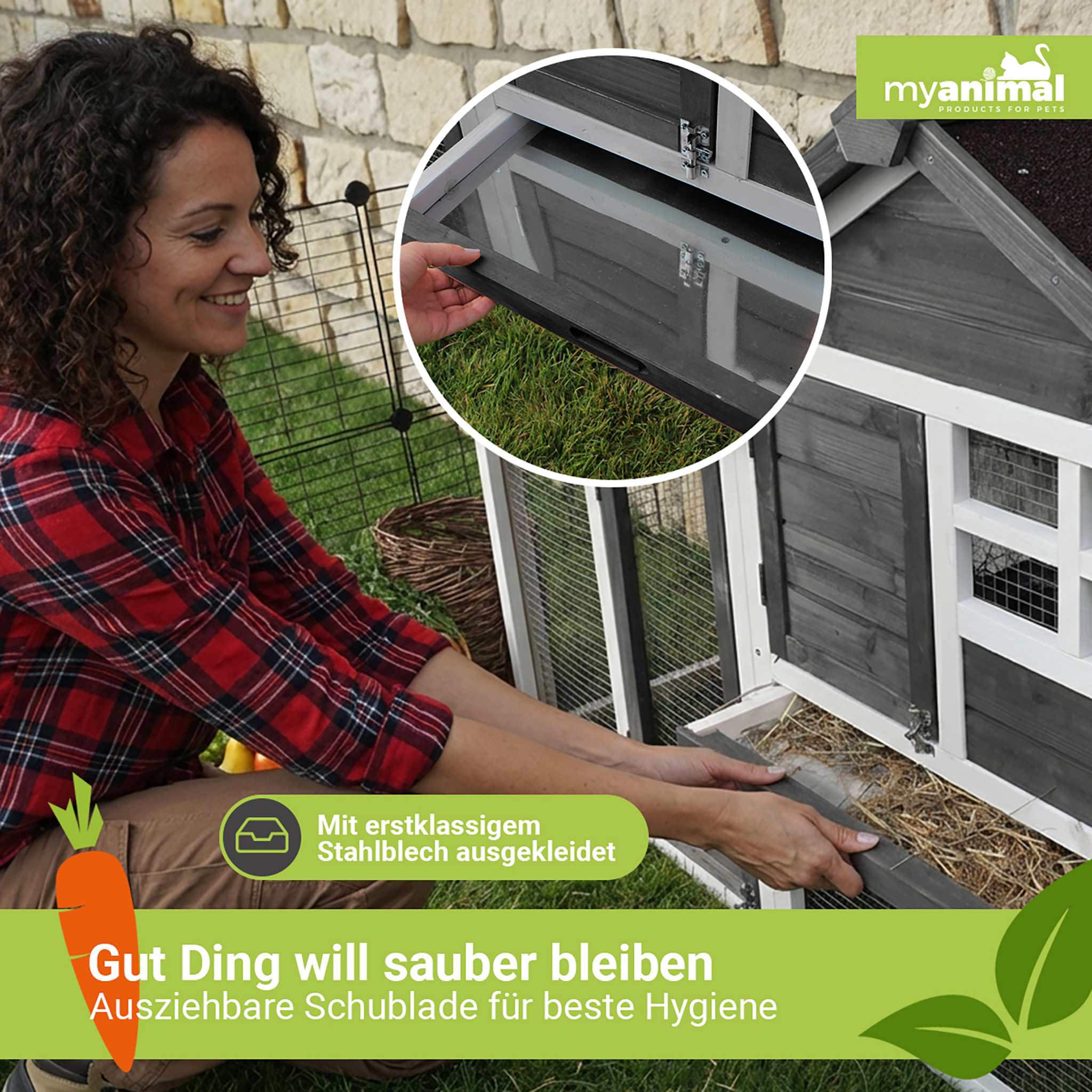 Frau öffnet Schublade eines Vogelhauses mit Stahlblech.