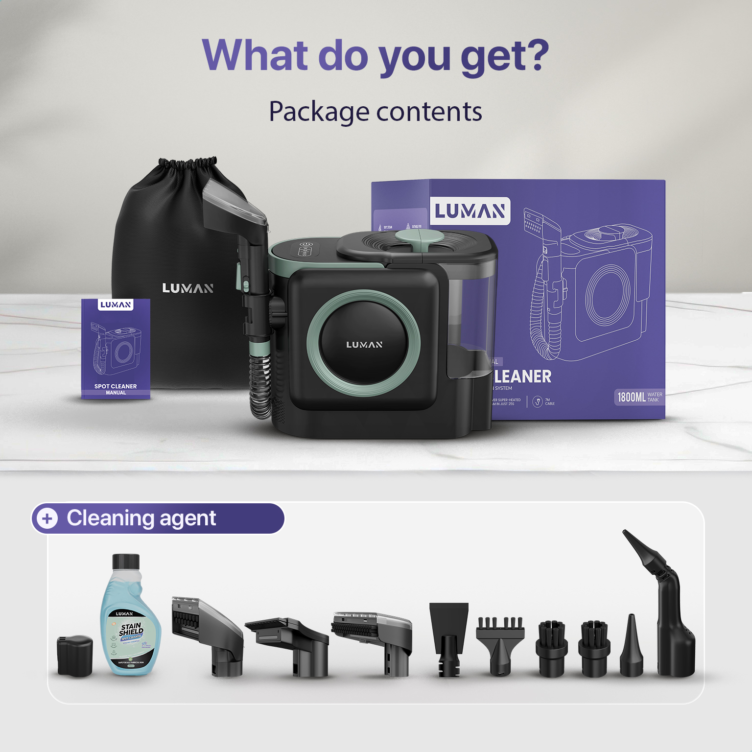 Contenuto della confezione: Pulitore a vapore, accessori, detergente e manuale.