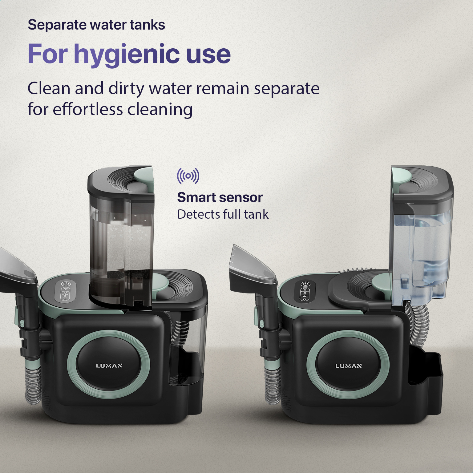 Due pulitori per pavimenti con serbatoi separati, uno per l'acqua sporca, uno per la pulita.