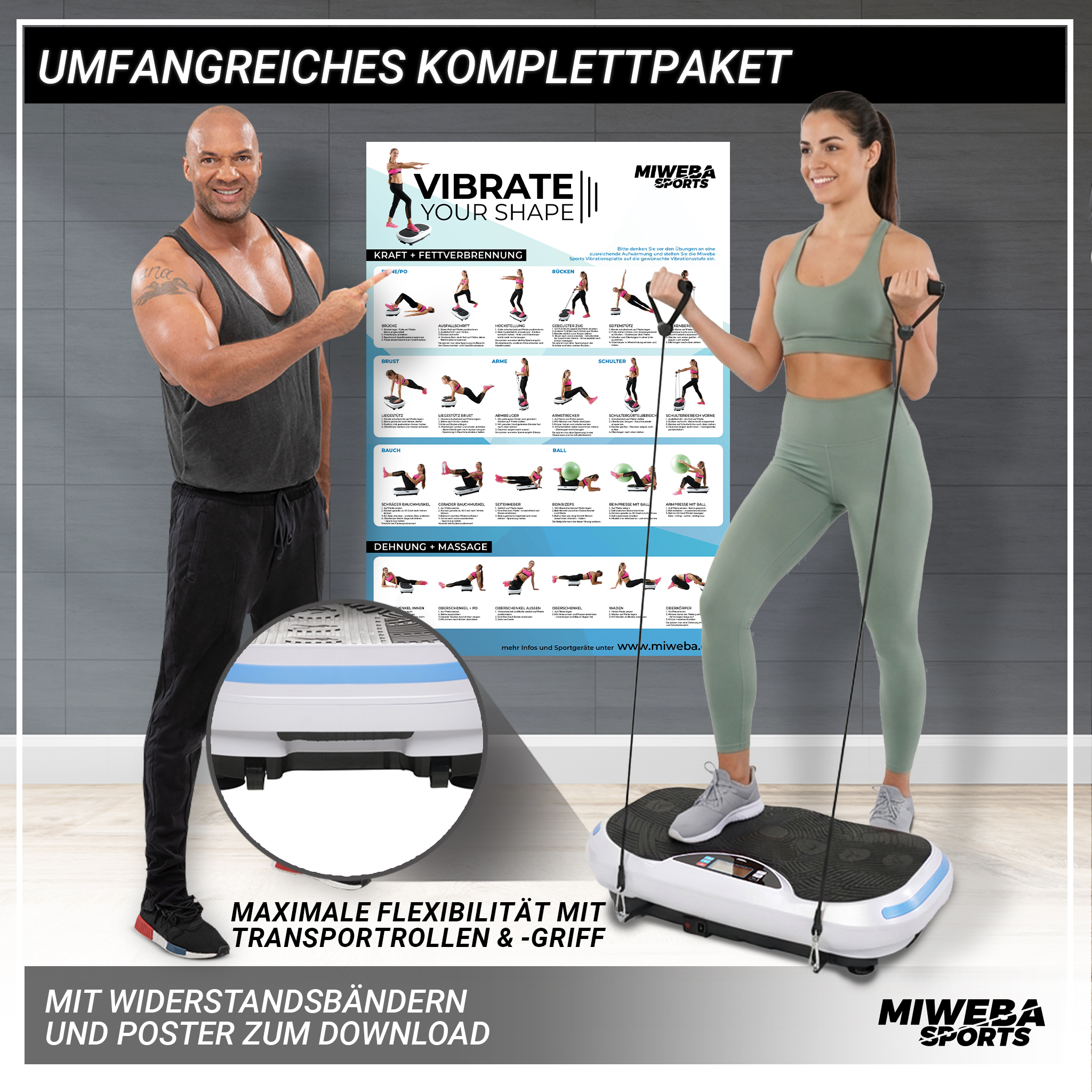 Mann und Frau zeigen Vibrationsplatte mit Übungsanleitung. Bänder sind sichtbar.