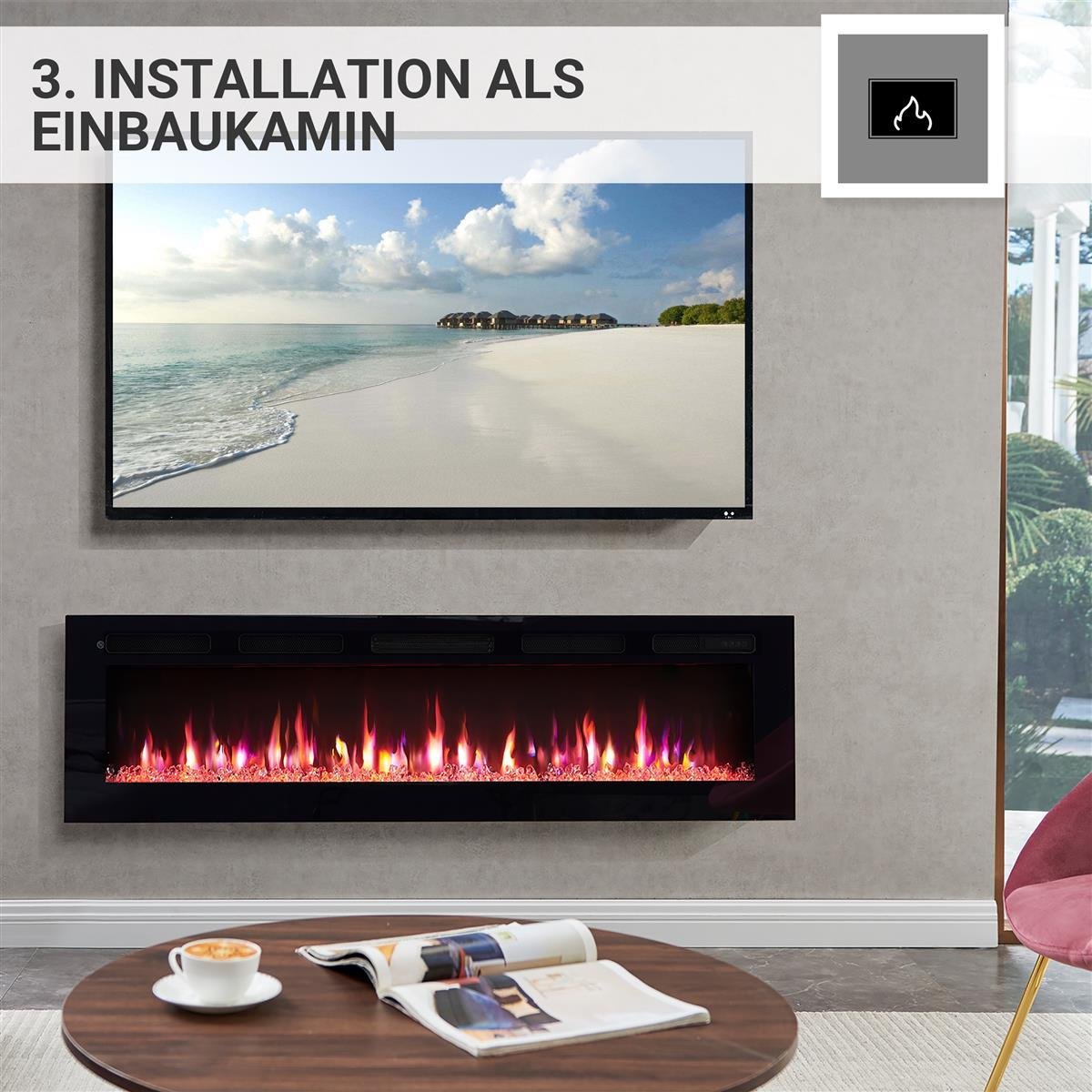 Ein moderner Kamin mit lebensechten Flammen unter einem Fernsehbildschirm.