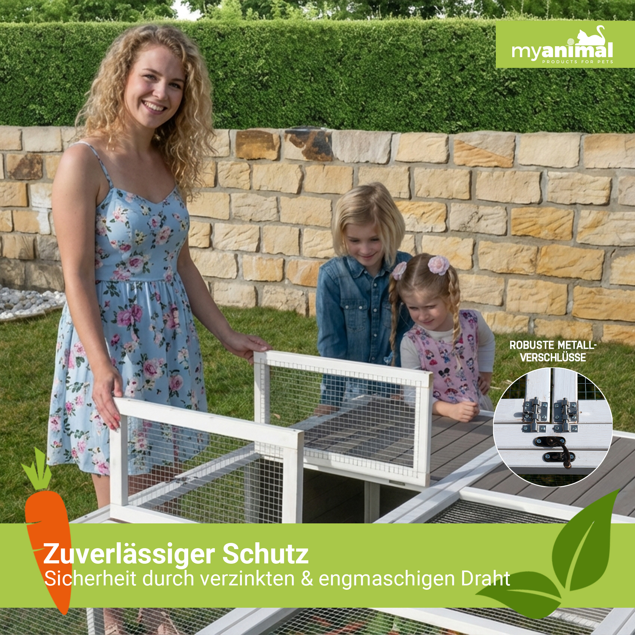 Frau und Kinder stehen vor einem Freigehege mit Karotte und Blättern.