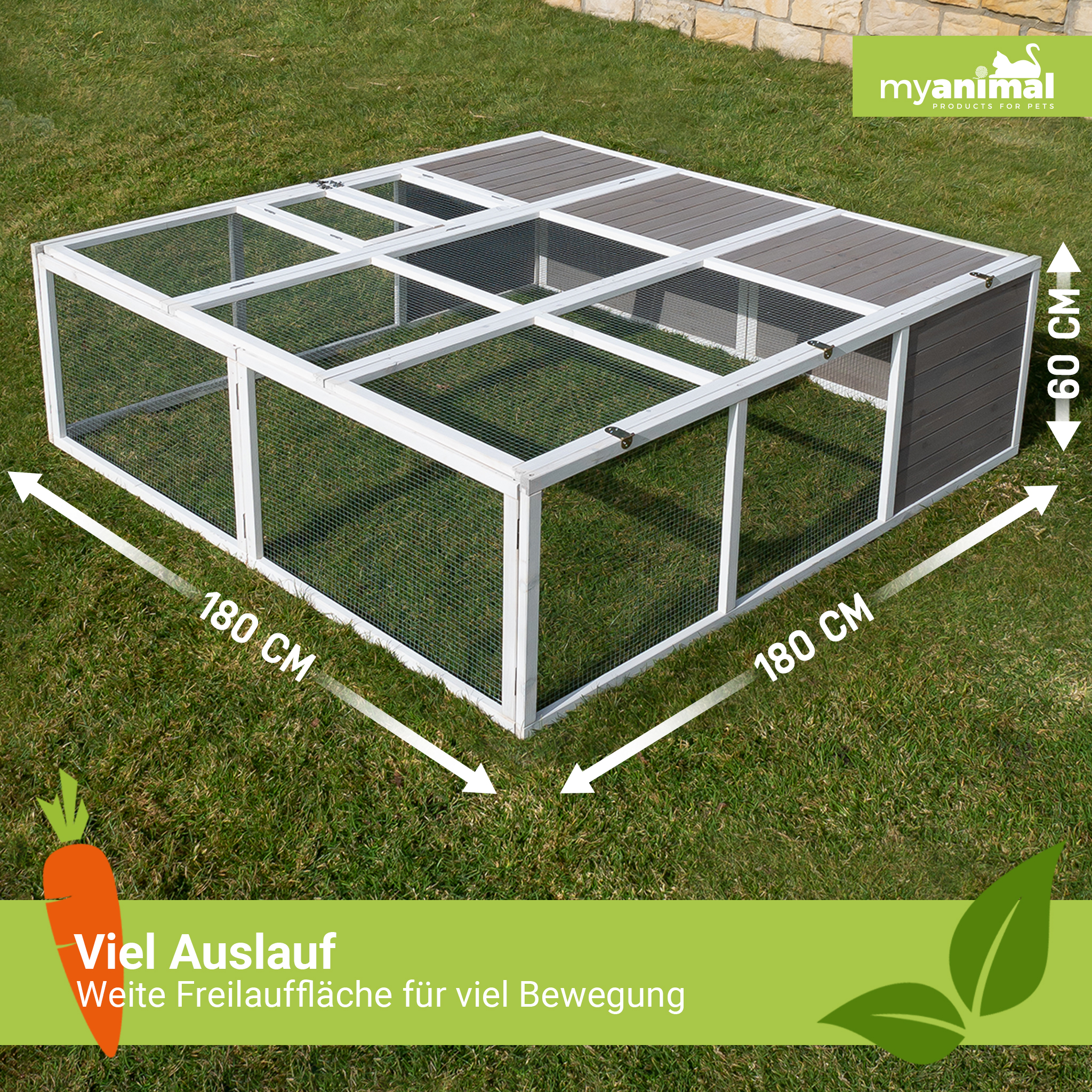 Ein 180x180x60 cm großer Freilaufstall für Haustiere auf Gras.