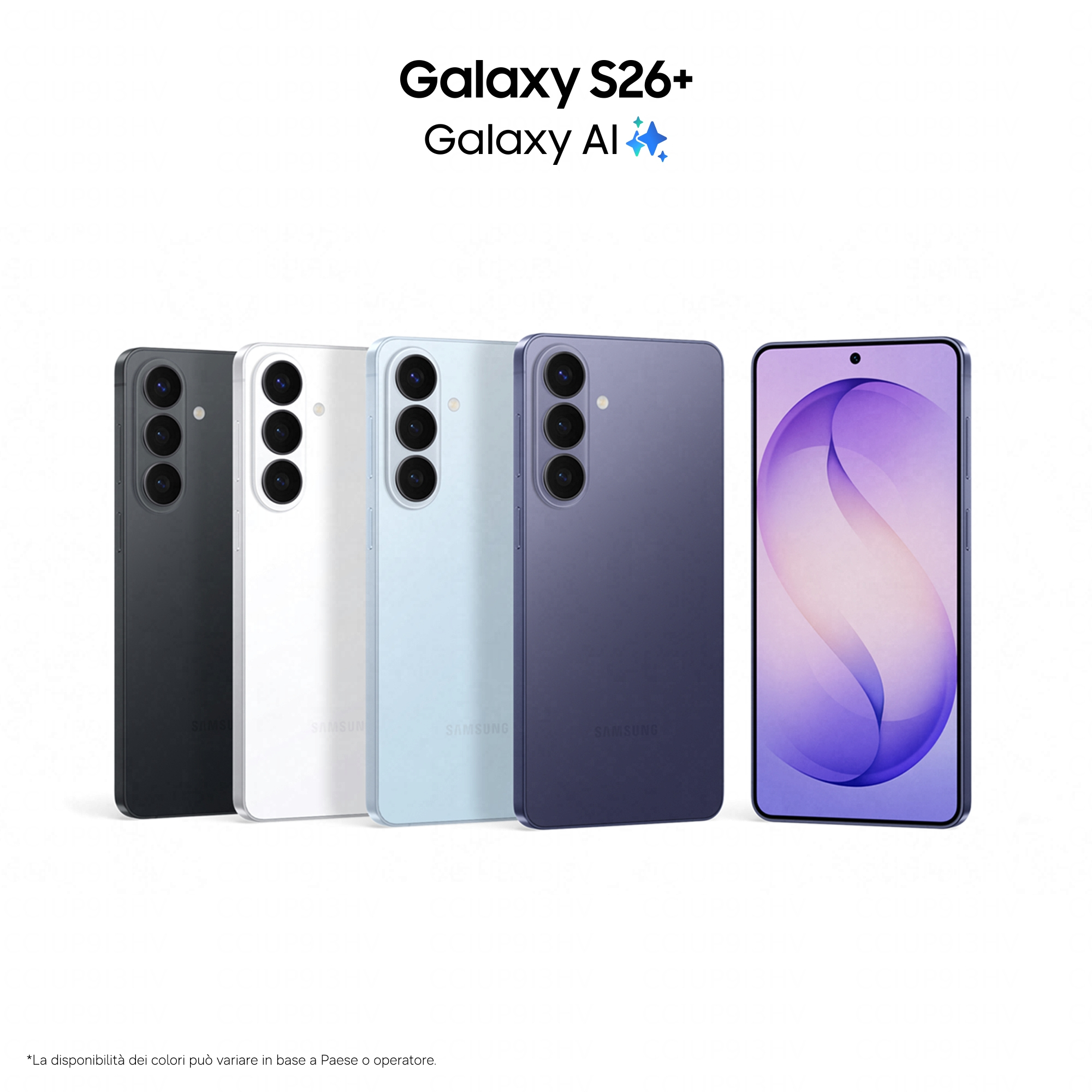 Vier Samsung Galaxy S26+ Smartphones in Schwarz, Weiß, Hellblau und Lila nebeneinander.