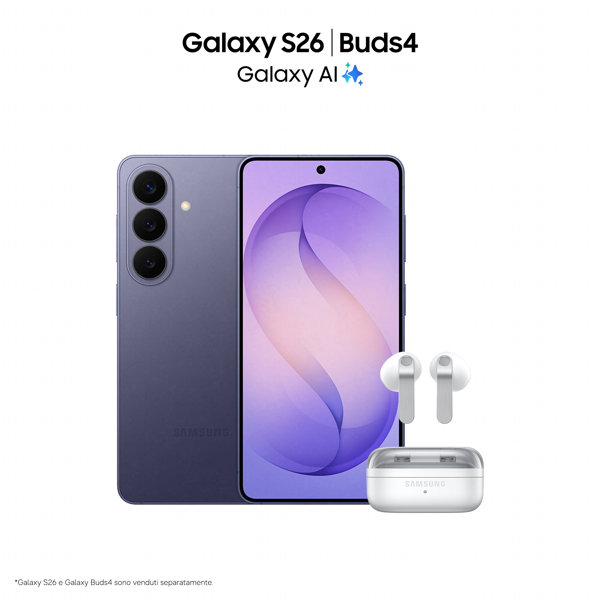 Ein violettes Samsung Galaxy S26 Smartphone mit Galaxy Buds4 und Ladecase.
