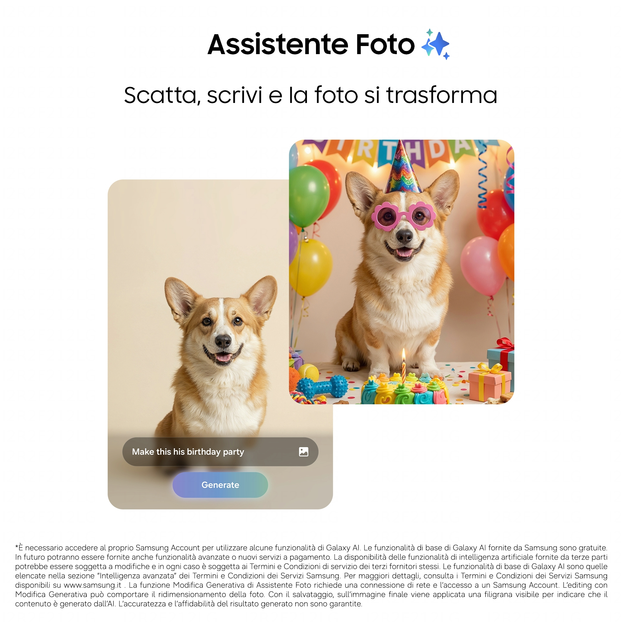 Ein Corgi mit Partyhut und Brille sitzt vor einem Geburtstagskuchen.