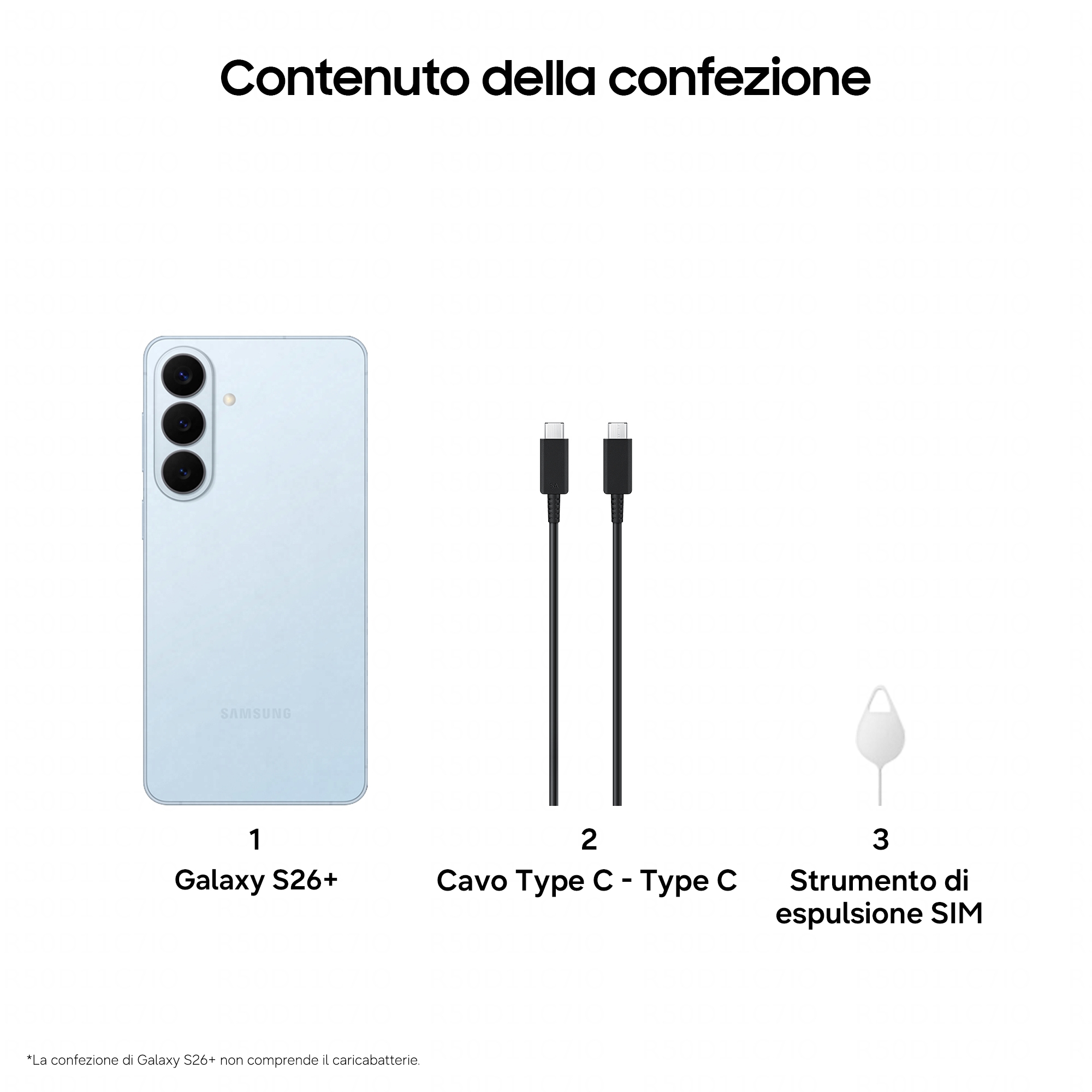 Das Paket enthält ein hellblaues Samsung Galaxy S26+ Handy, ein USB-C-Kabel und ein SIM-Werkzeug.