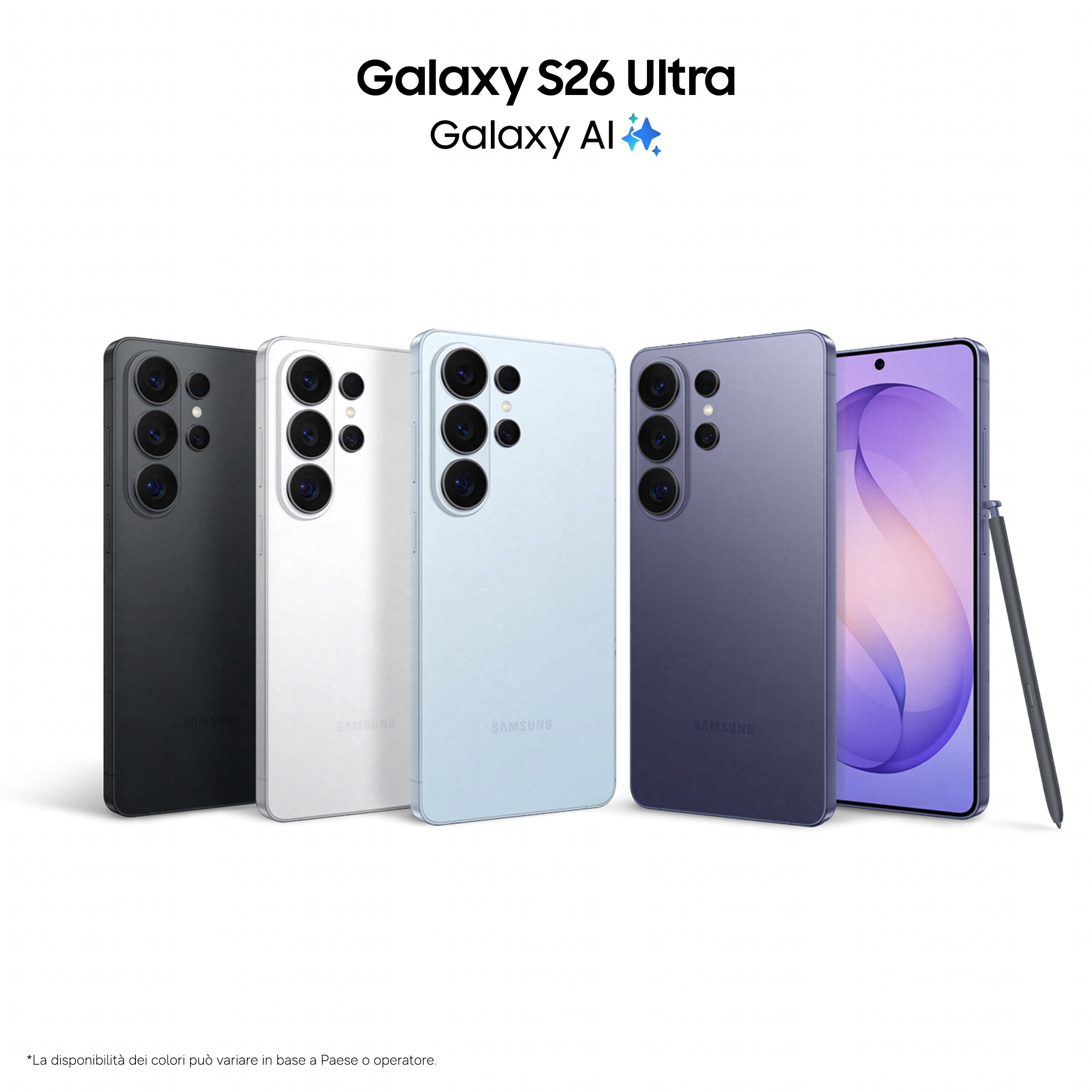 Cztery telefony Samsung Galaxy S26 Ultra w kolorach czarnym, białym, jasnoniebieskim i fioletowym.