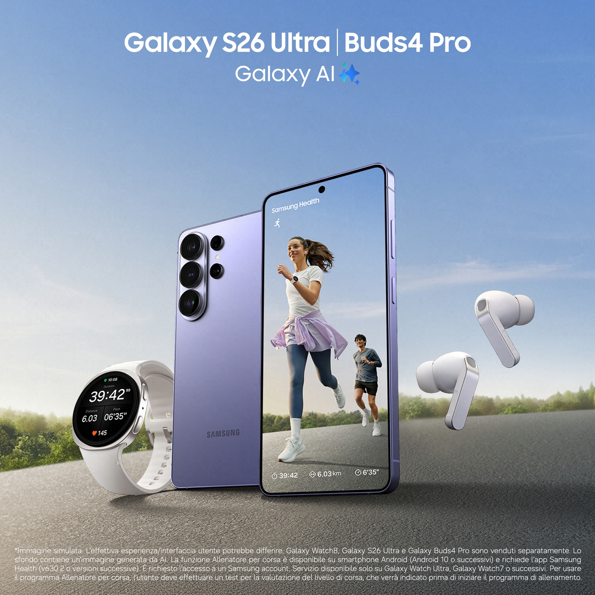 Samsung Galaxy S26 Ultra, Buds4 Pro, smartwatch i telefon z biegnącymi ludźmi.